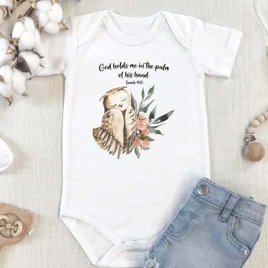Woodland Animals Owl Scripture Personalized Baby Onesie | God Holds Me in the Palm of His Hand Isaiah 41:10 | Christian Baby Shower Gift Printify