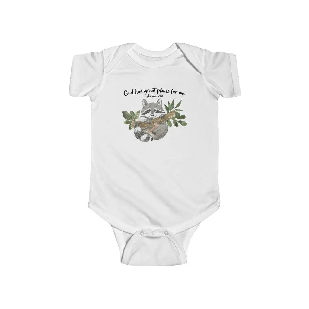 Woodland Animals Raccoon Scripture Personalized Baby Onesie | God Has Great Plans for Me Jeremiah 29:11 | Christian Baby Shower Gift Printify