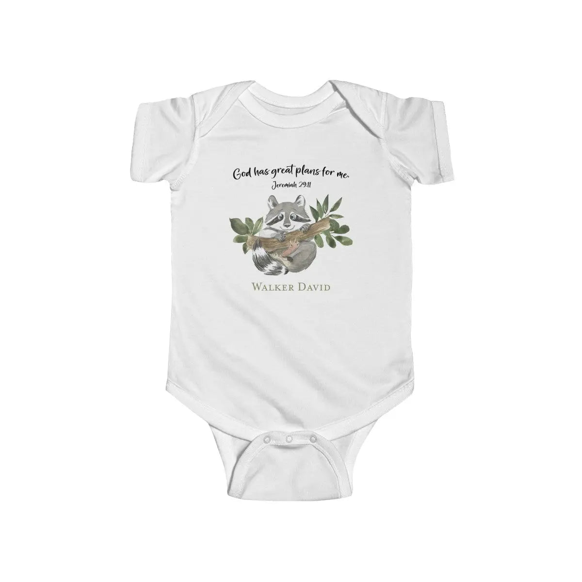 Woodland Animals Raccoon Scripture Personalized Baby Onesie | God Has Great Plans for Me Jeremiah 29:11 | Christian Baby Shower Gift Printify
