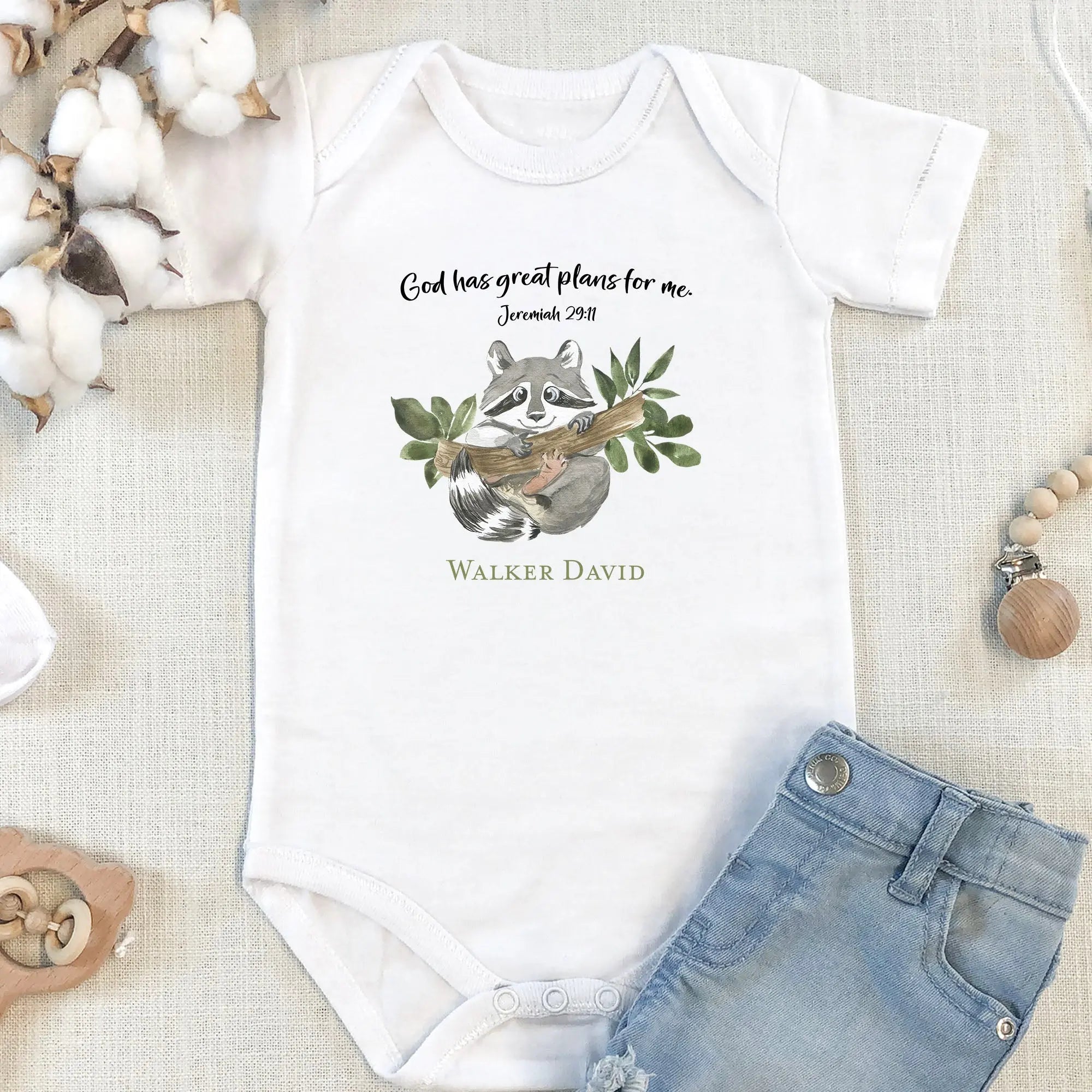 Woodland Animals Raccoon Scripture Personalized Baby Onesie