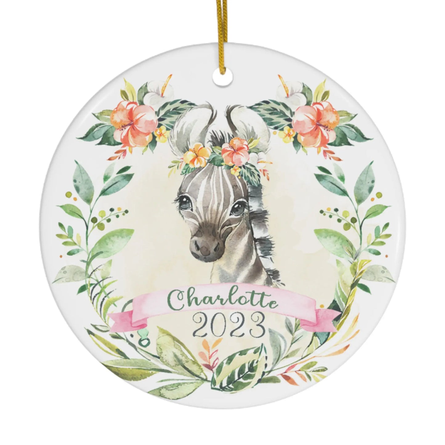 Zebra Girls Personalized Ceramic Ornament, Baby's First Christmas Ornament Printify