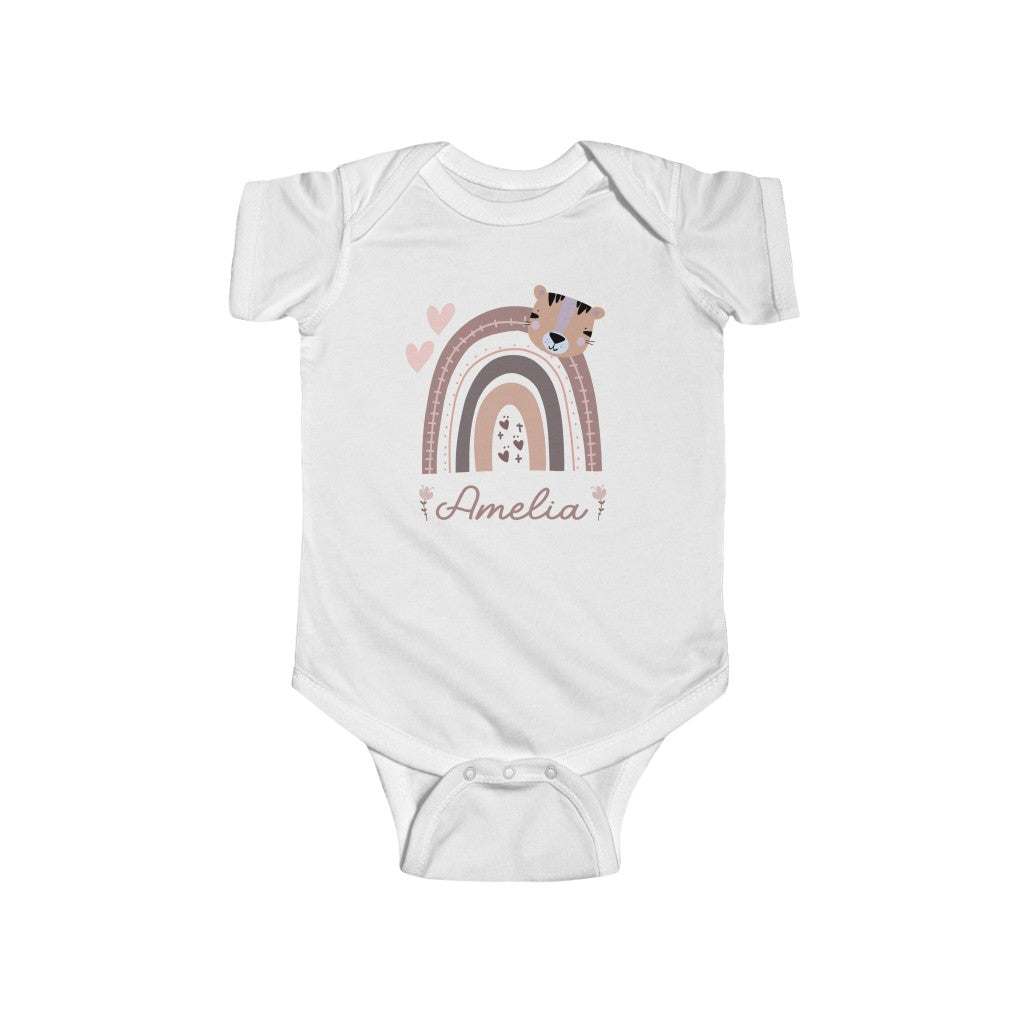 Girls Personalized Name Rainbow Onesie, Boho Baby Onesie, Custom Name Baby Girl Onesie, Tiger Baby Girl Onesie - Amazing Faith Designs