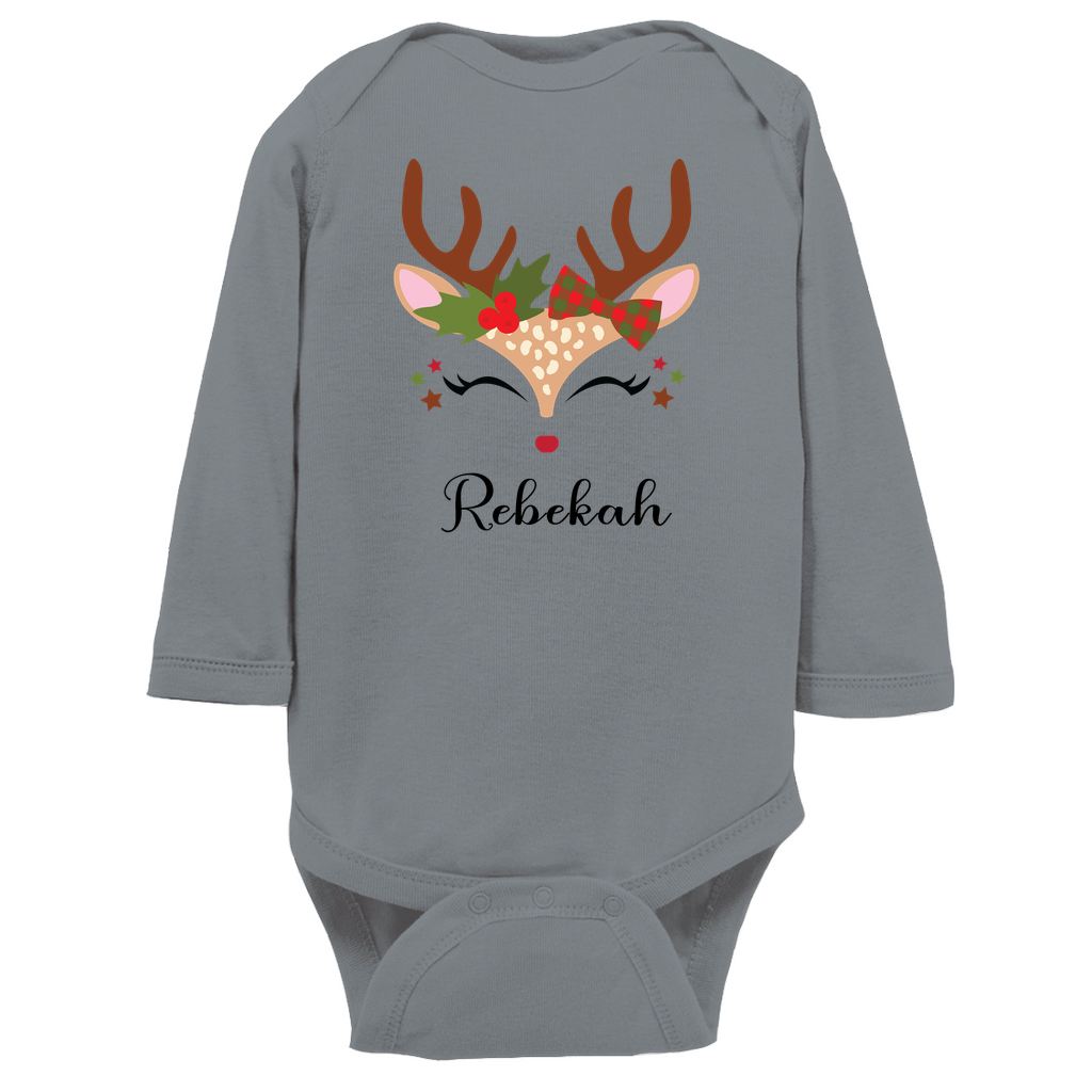 Reindeer Christmas Personalized Long Sleeve Onesie - Baby Girl Amazing Faith Designs