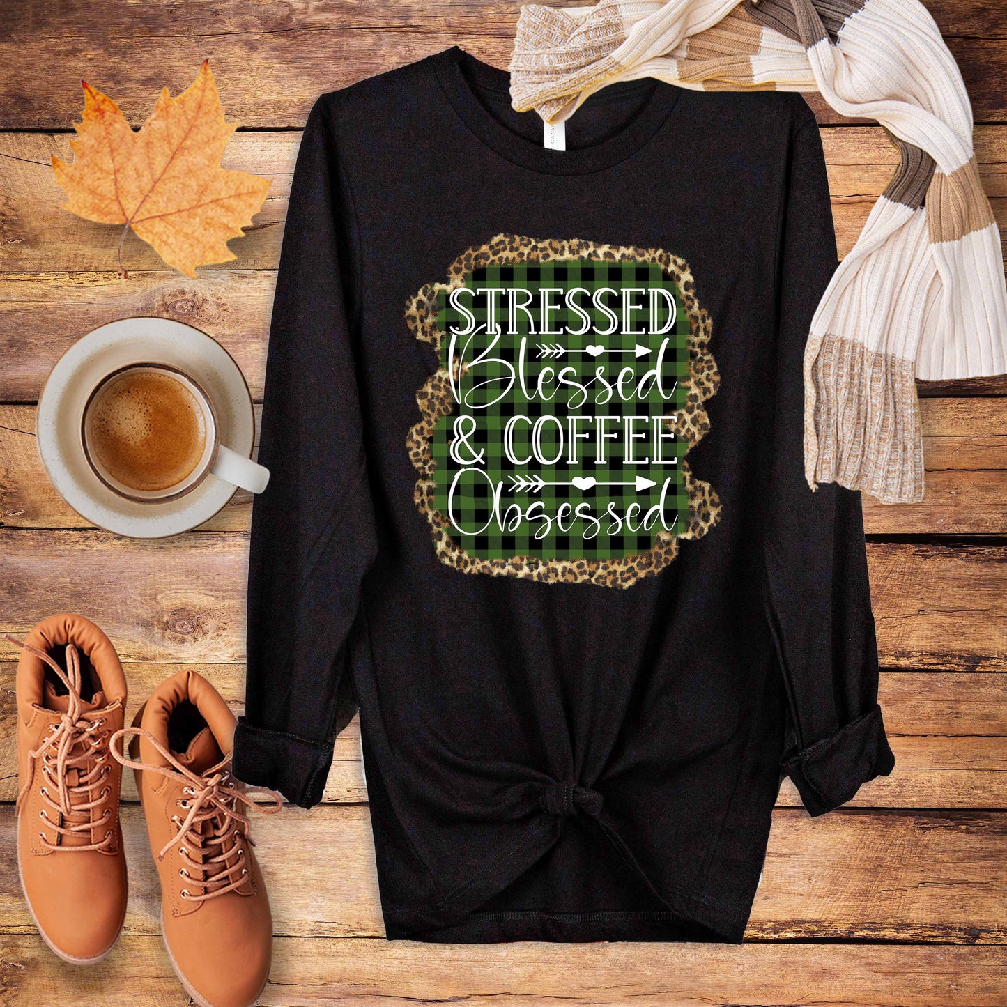 Stressed Blessed and Coffee Obsessed Long Sleeve Tee - Amazing Faith Designs