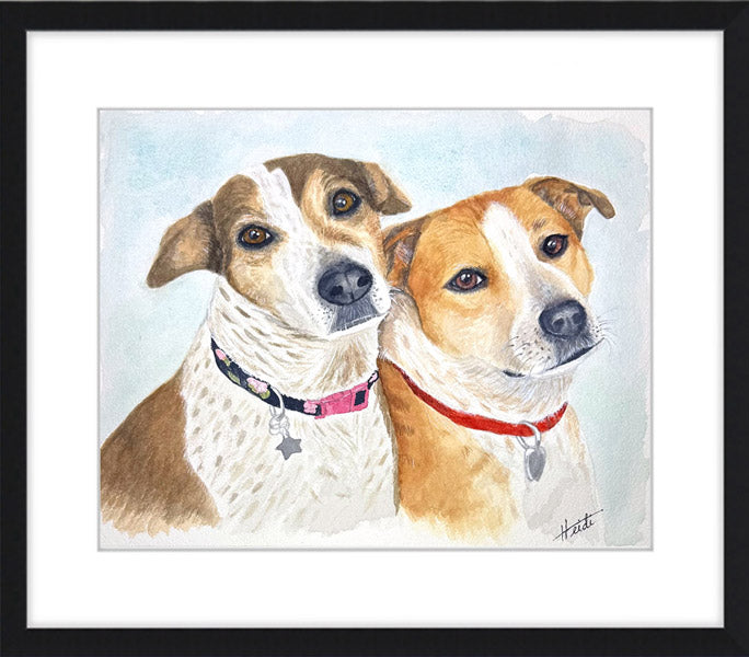 Custom watercolor pet portrait commission of two dogs painted on cold press paper