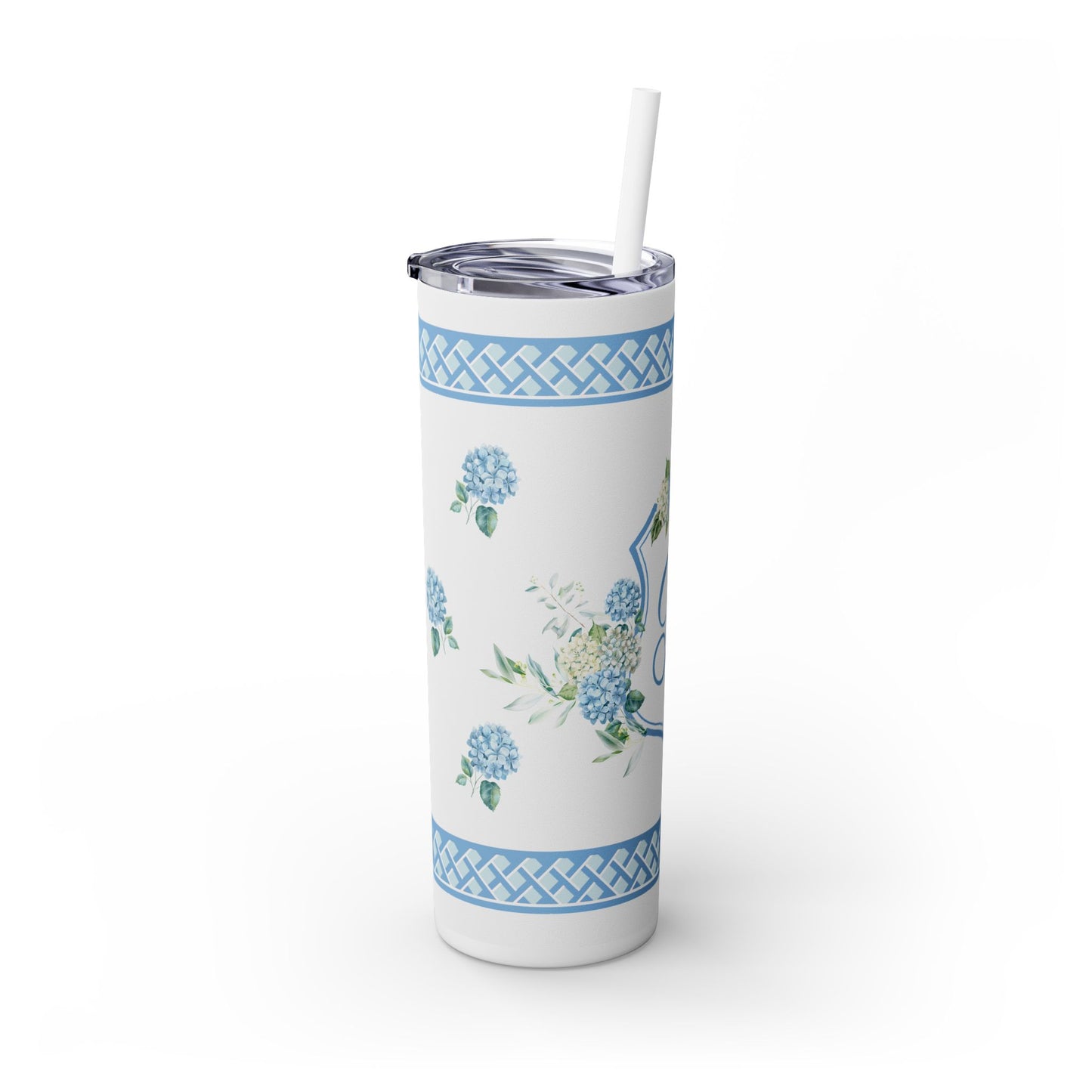 Hydrangea Wedding Crest Monogram Skinny Tumbler with Straw, 20oz - Amazing Faith Designs