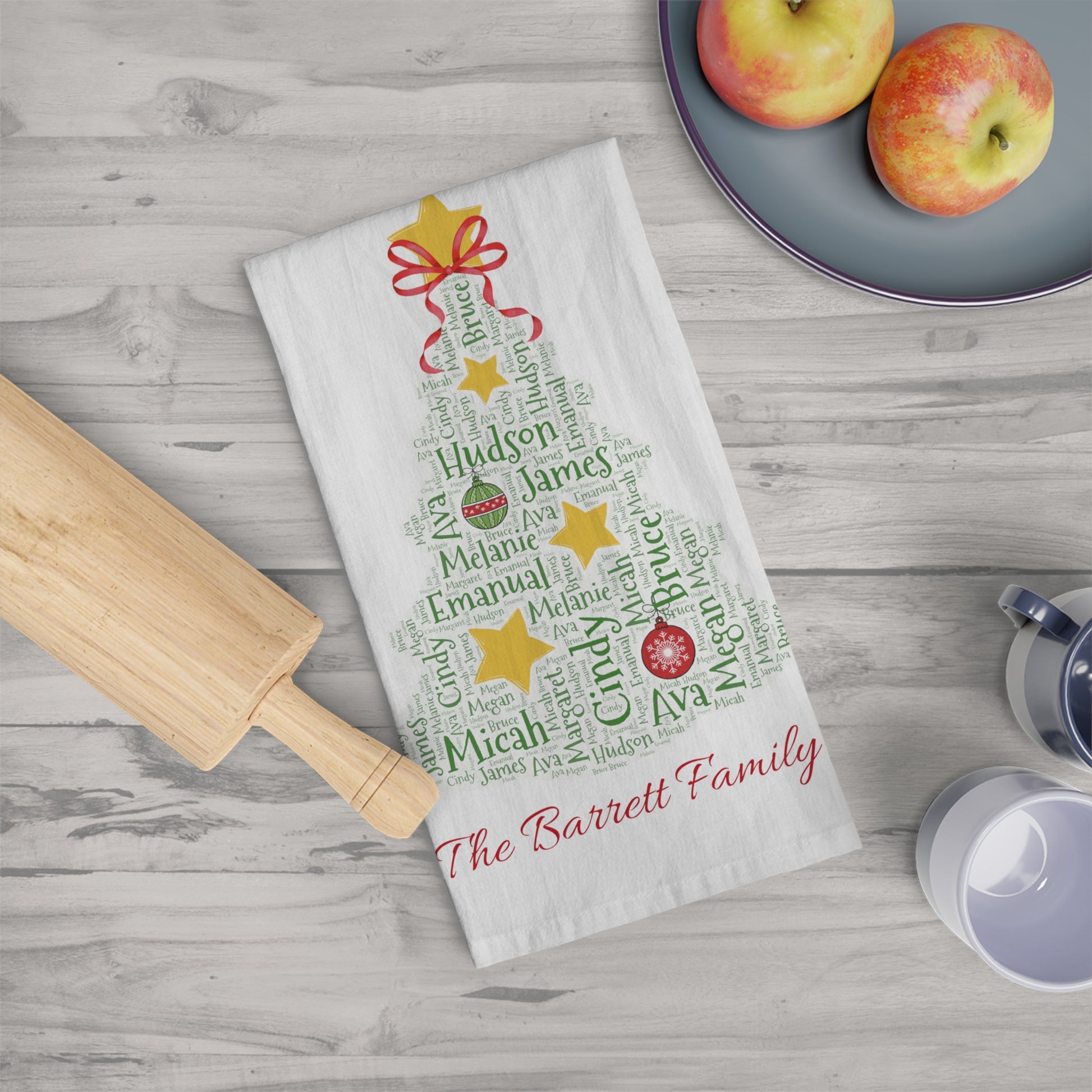 Christmas Tree Kitchen Tea Towel - Add up to 35 names! - Amazing Faith Designs