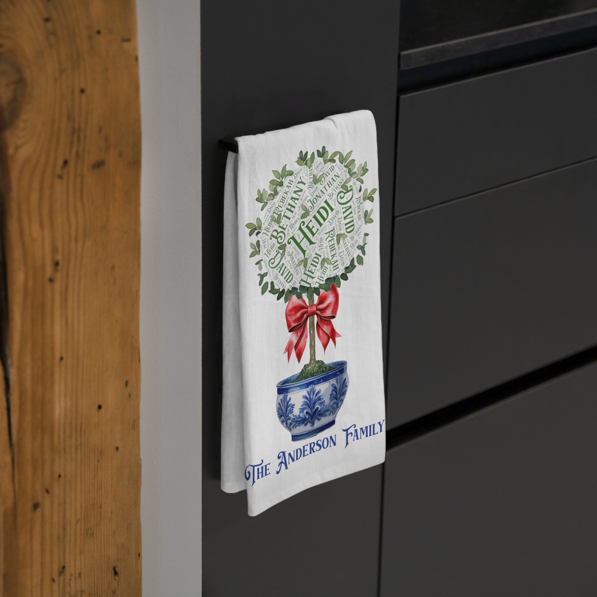 Chinoiserie Topiary Tea Towel - Add up to 35 names - Amazing Faith Designs