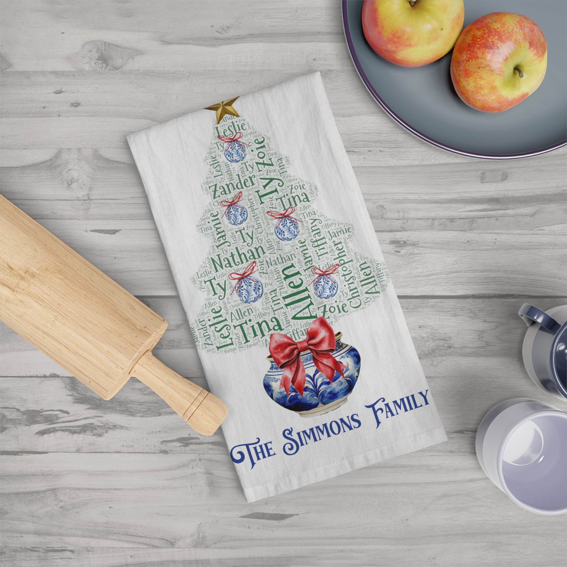 Chinoiserie Christmas Tree Tea Towel - Add up to 35 names - Amazing Faith Designs