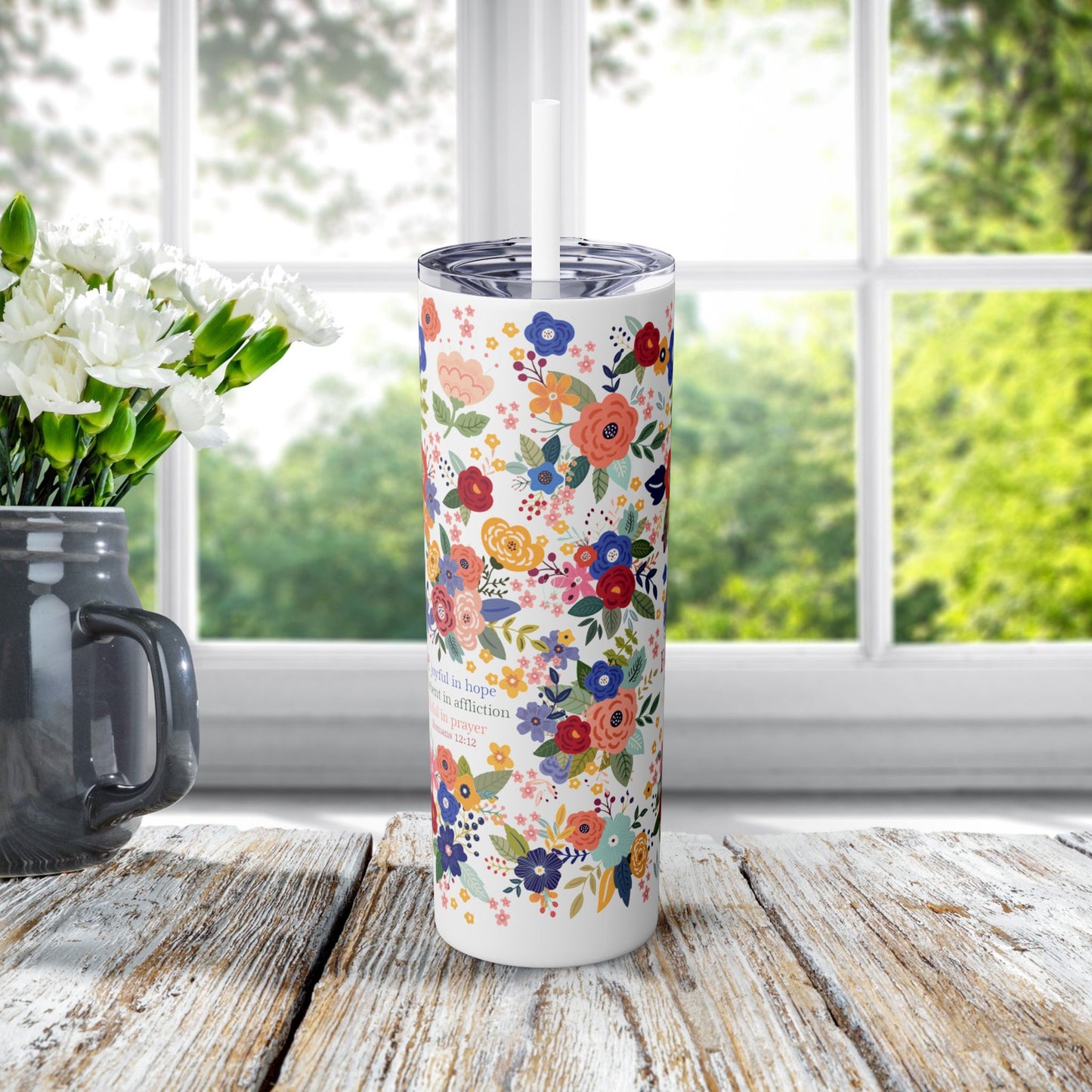 Be Joyful Floral Skinny Tumbler with Straw, 20oz - Amazing Faith Designs