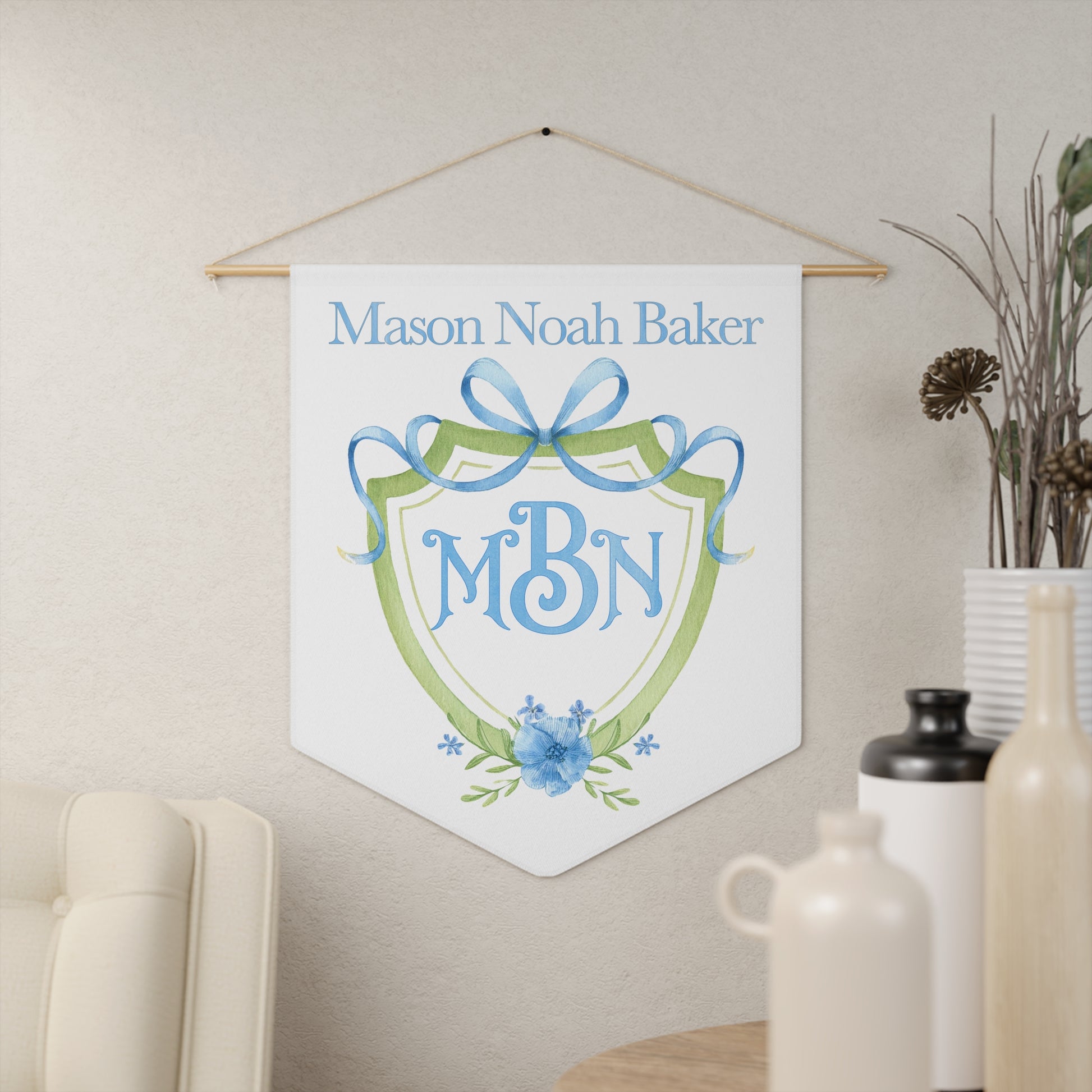 Custom Baby Banner, Green Crest Nursery Pennant - Amazing Faith Designs