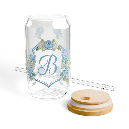 Hydrangea Wedding Crest Monogram Iced Coffee Glass - Amazing Faith Designs