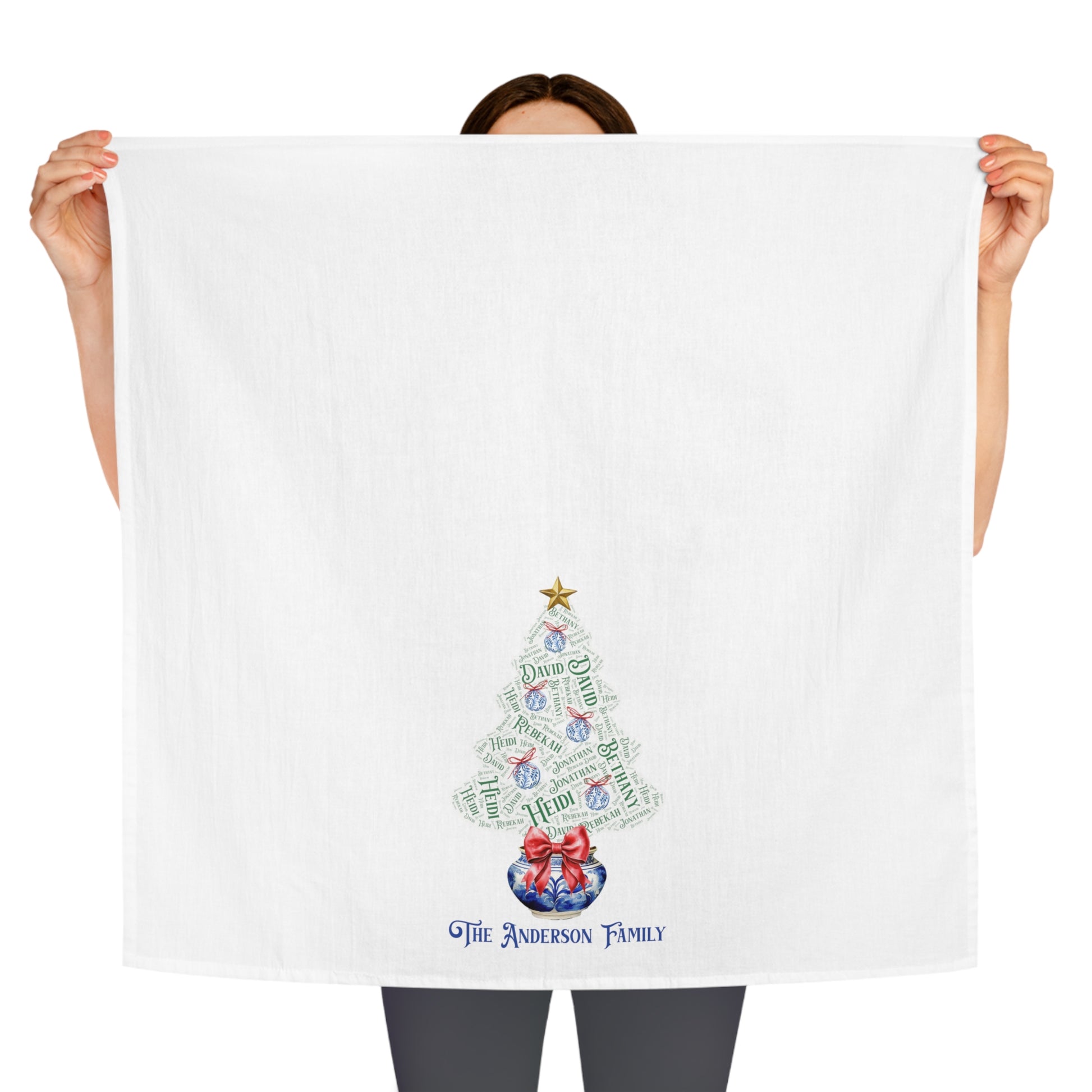 Chinoiserie Christmas Tree Tea Towel - Add up to 35 names - Amazing Faith Designs