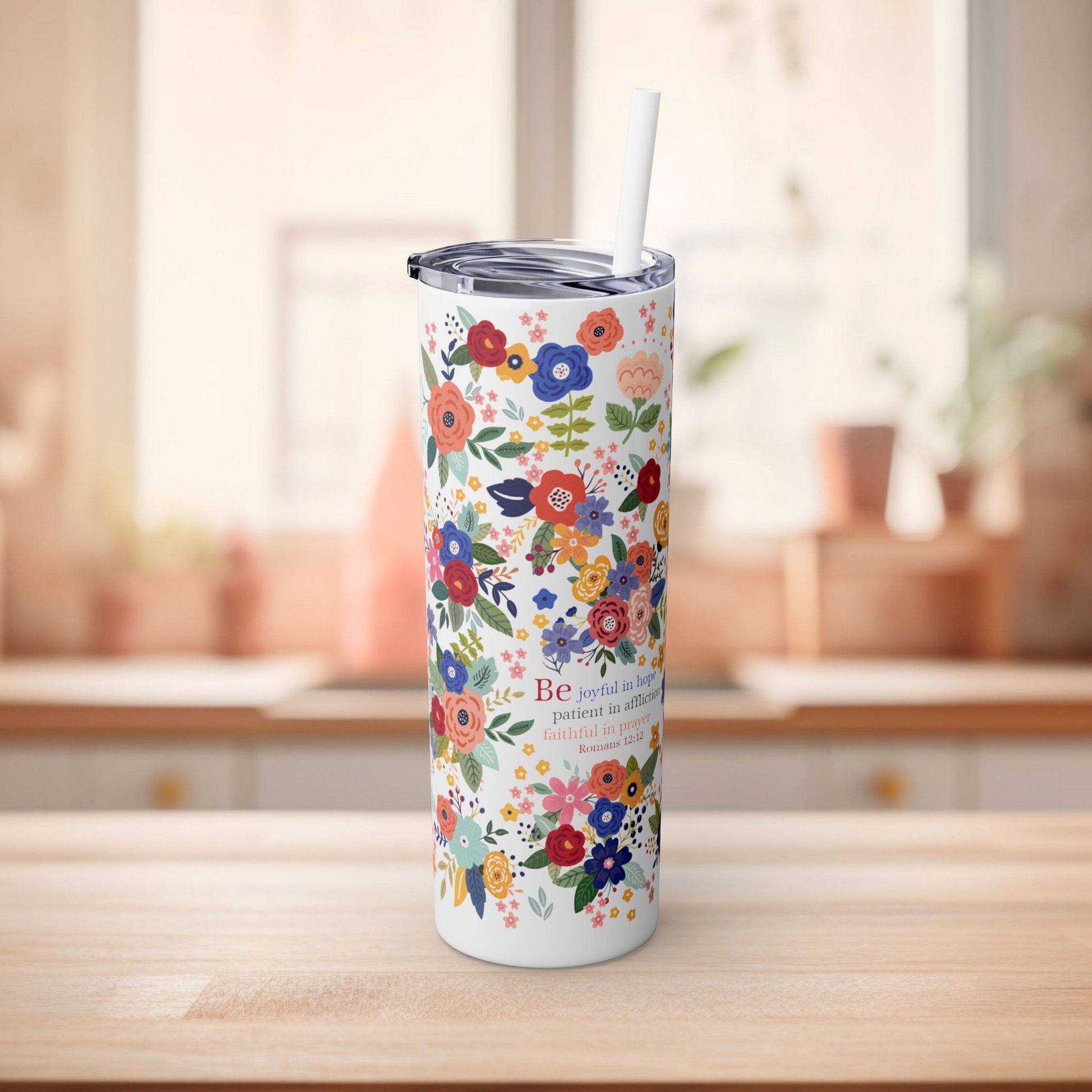 Be Joyful Floral Skinny Tumbler with Straw, 20oz - Amazing Faith Designs