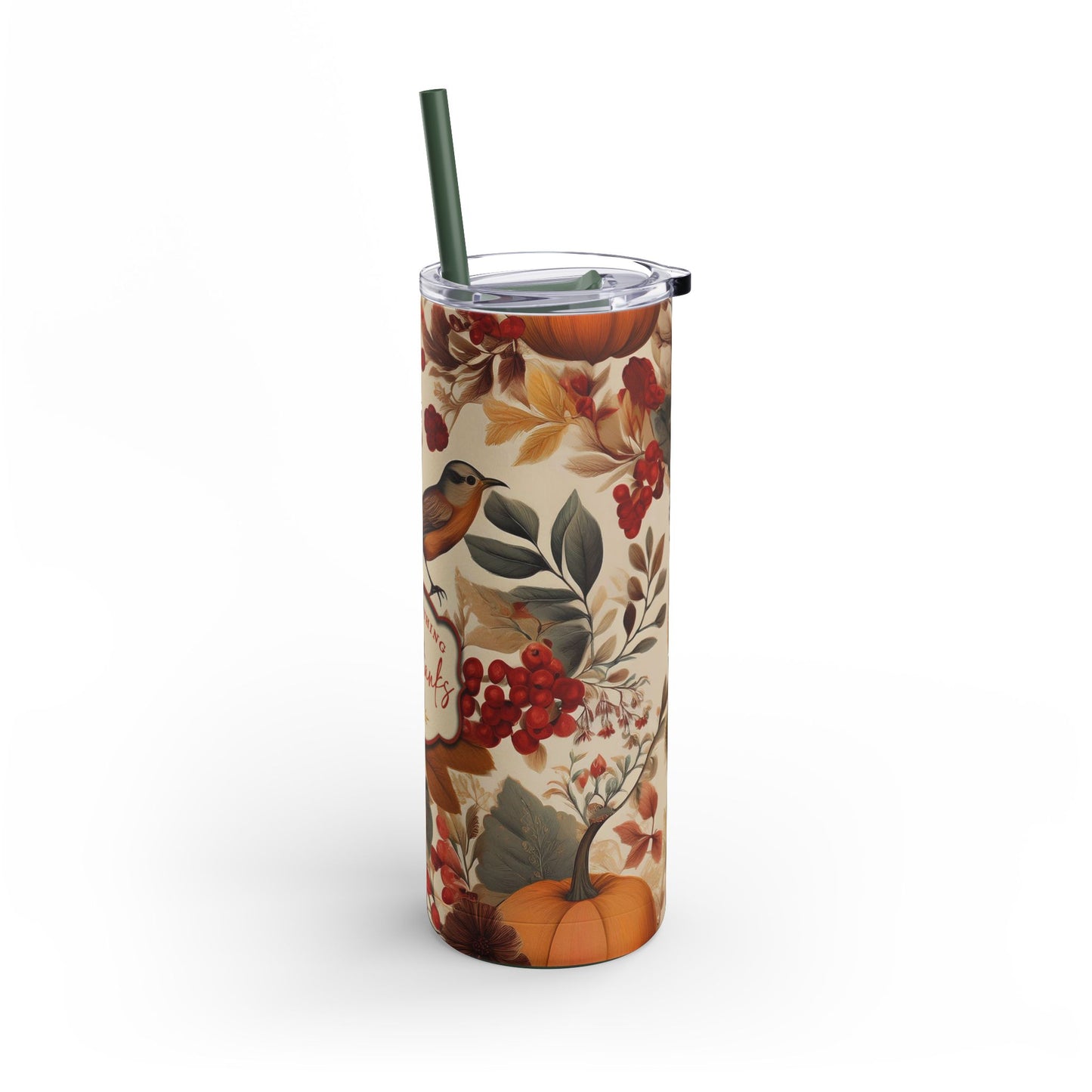 Give Thanks Skinny Tumbler with Straw, 20oz - Amazing Faith Designs