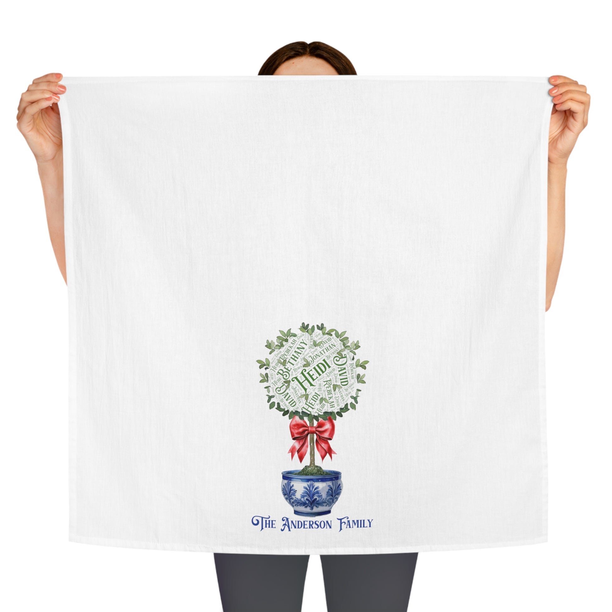 Chinoiserie Topiary Tea Towel - Add up to 35 names - Amazing Faith Designs