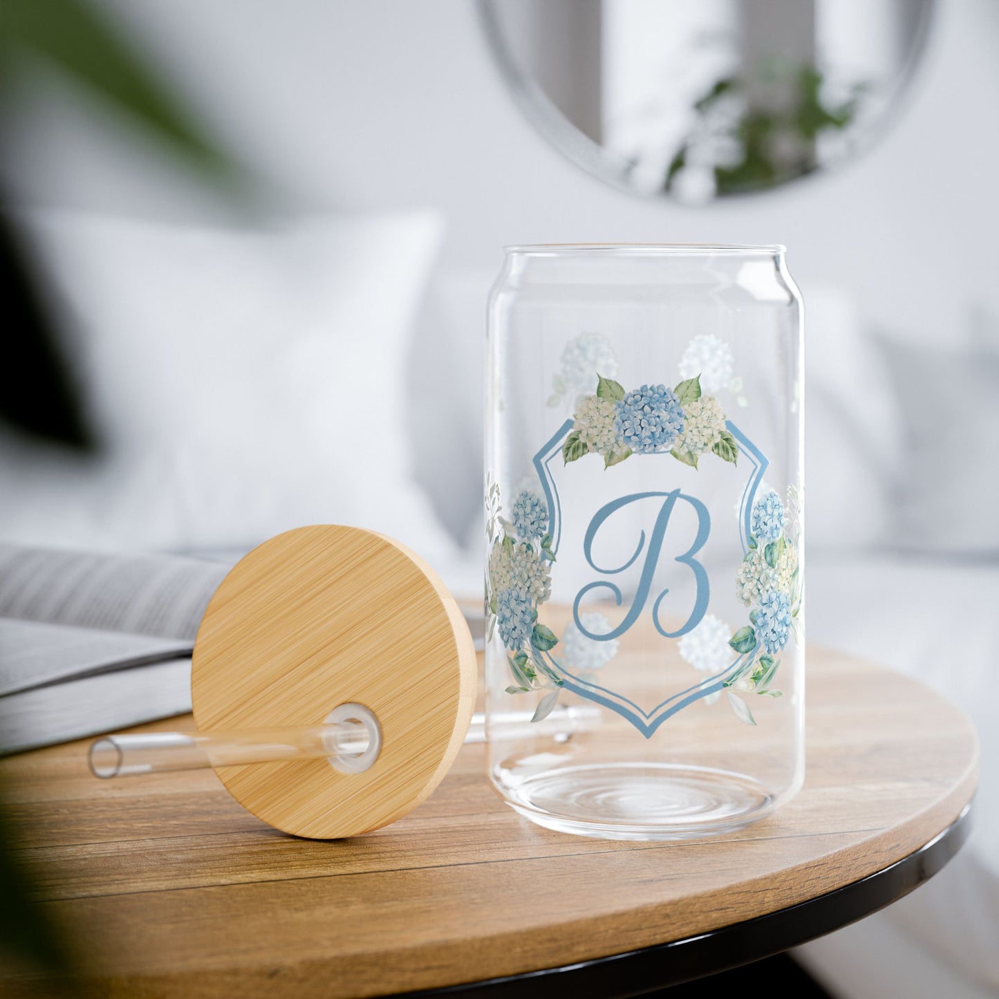 Hydrangea Wedding Crest Monogram Iced Coffee Glass - Amazing Faith Designs