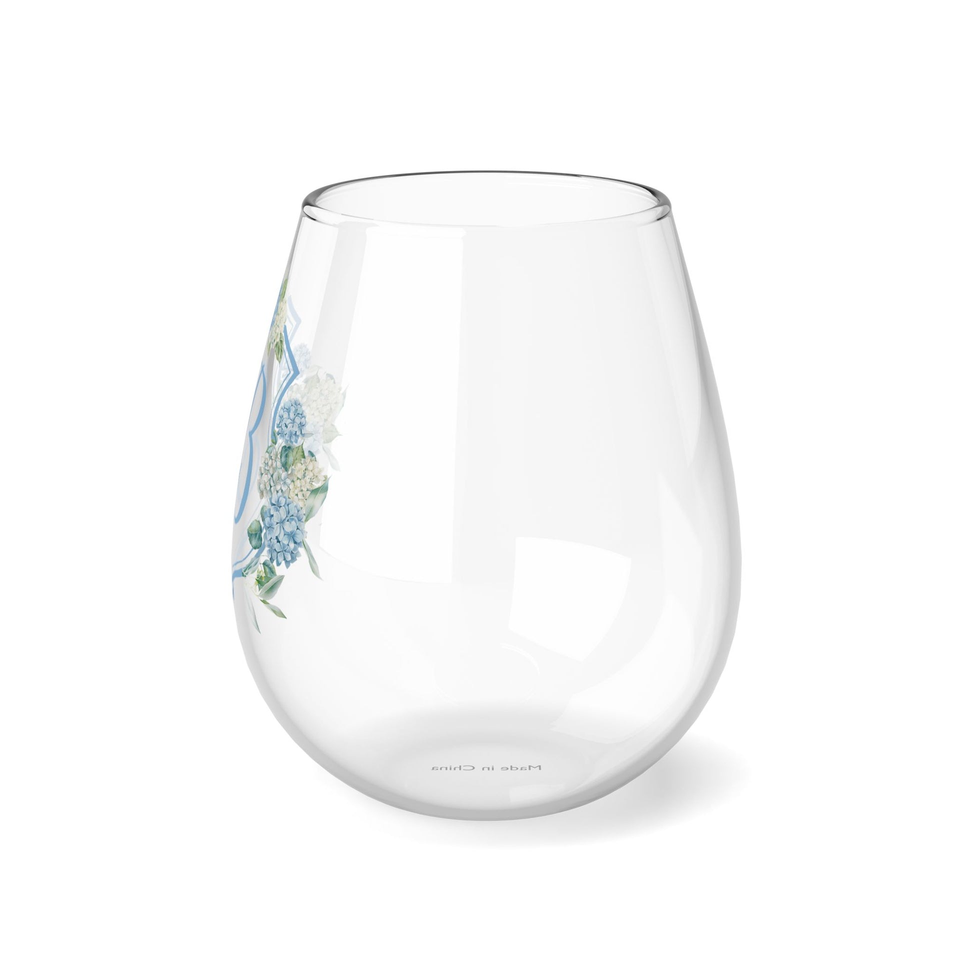 Hydrangea Wedding Crest Monogram Stemless Wine Glass, 11.75oz - Amazing Faith Designs