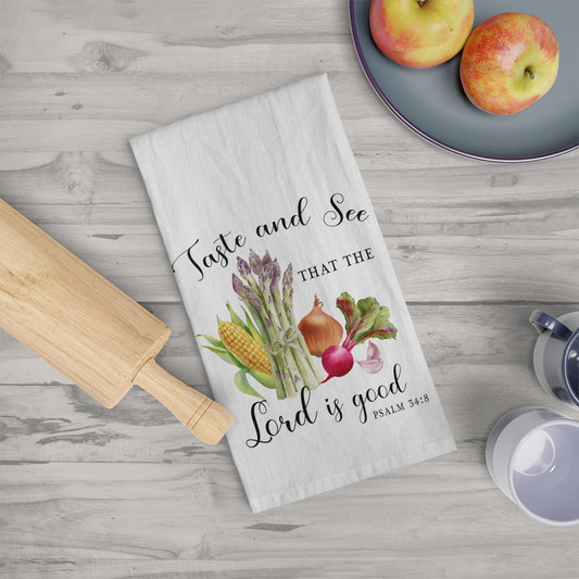 Taste and See Vegetables Scripture Tea Towel - Amazing Faith Designs