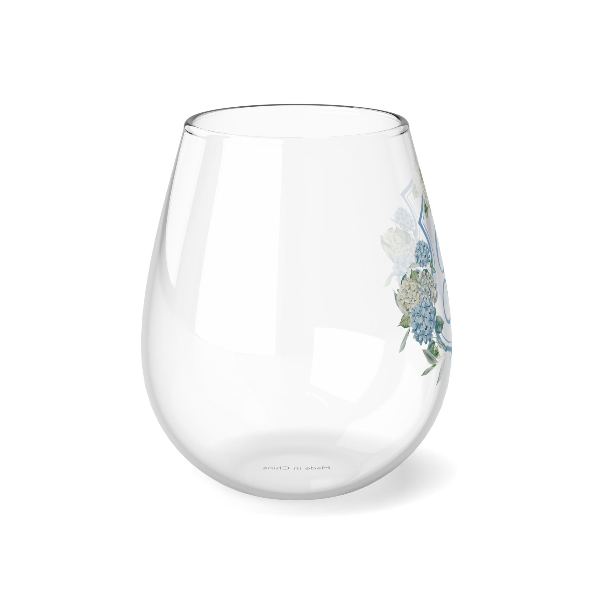 Hydrangea Wedding Crest Monogram Stemless Wine Glass, 11.75oz - Amazing Faith Designs