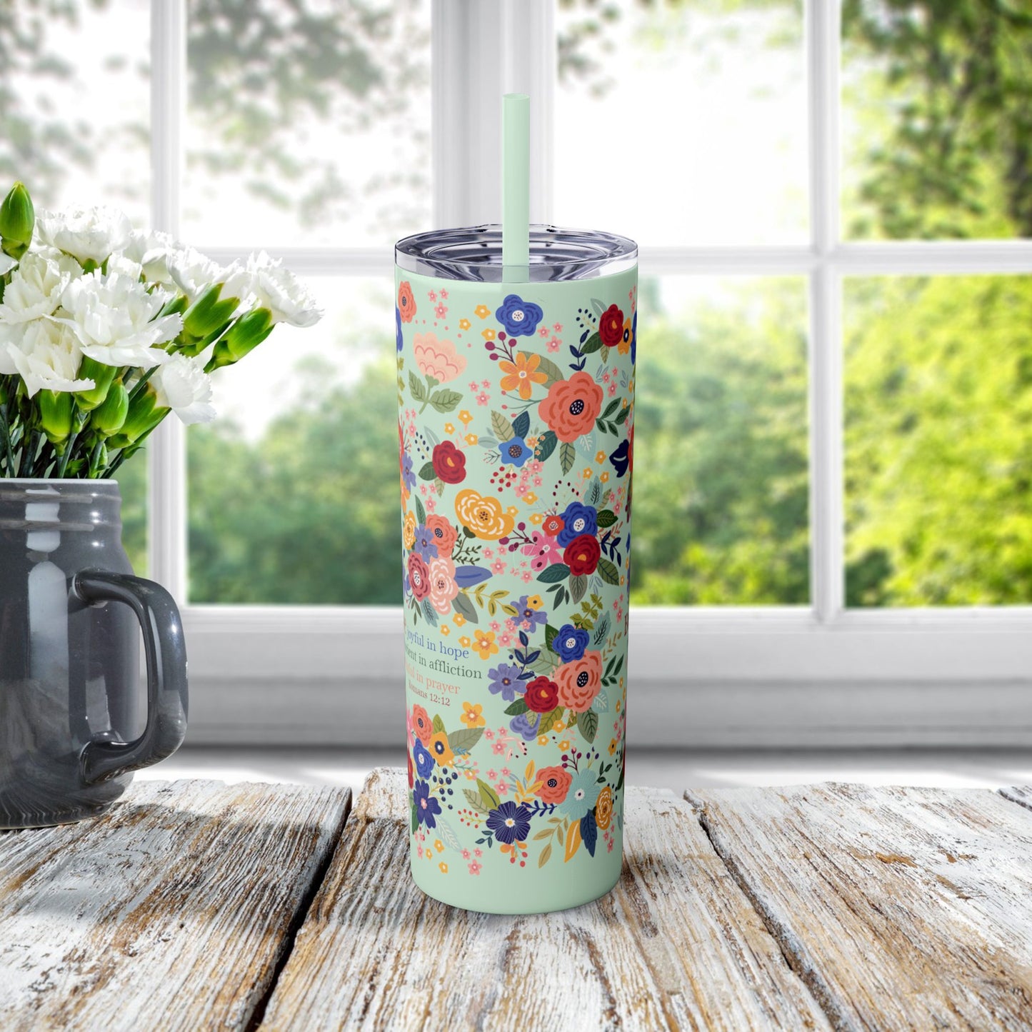 Be Joyful Floral Skinny Tumbler with Straw, 20oz - Amazing Faith Designs