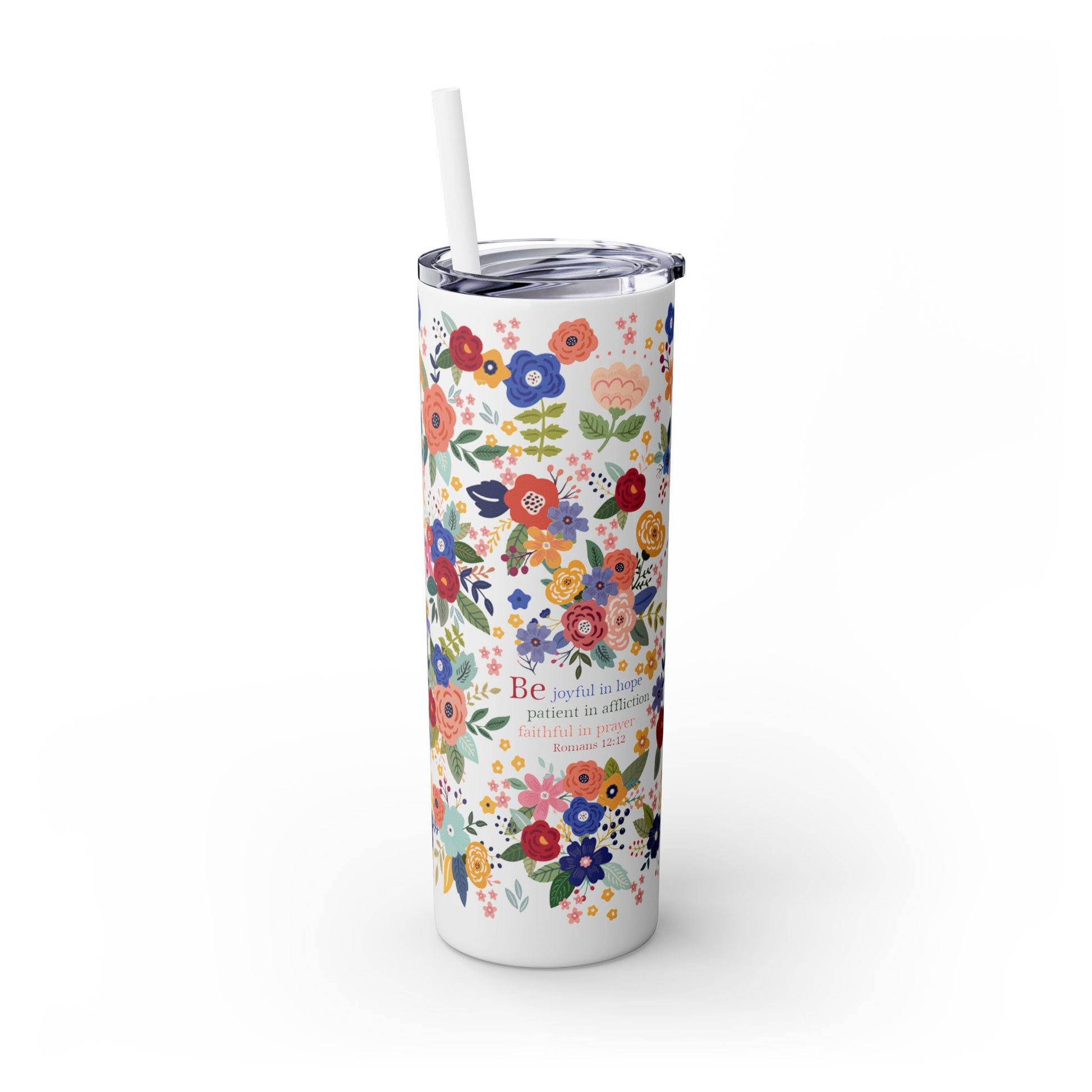 Be Joyful Floral Skinny Tumbler with Straw, 20oz - Amazing Faith Designs