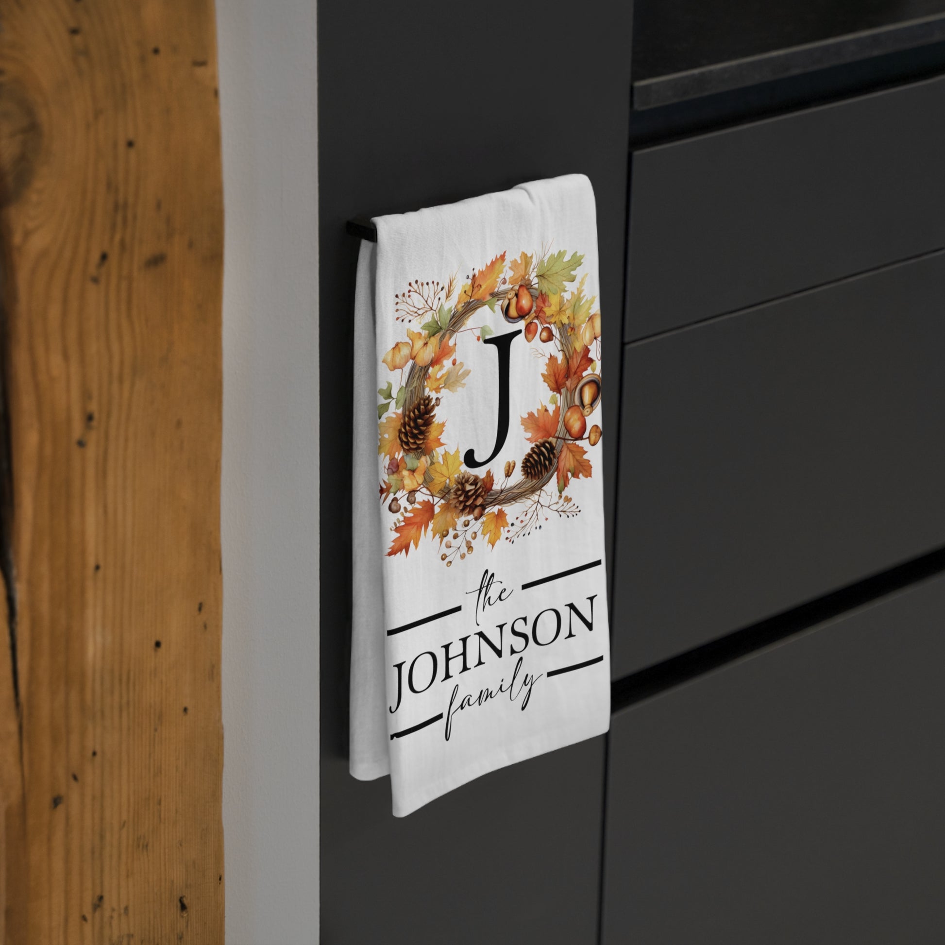 Fall Wreath Monogram Tea Towel - Amazing Faith Designs