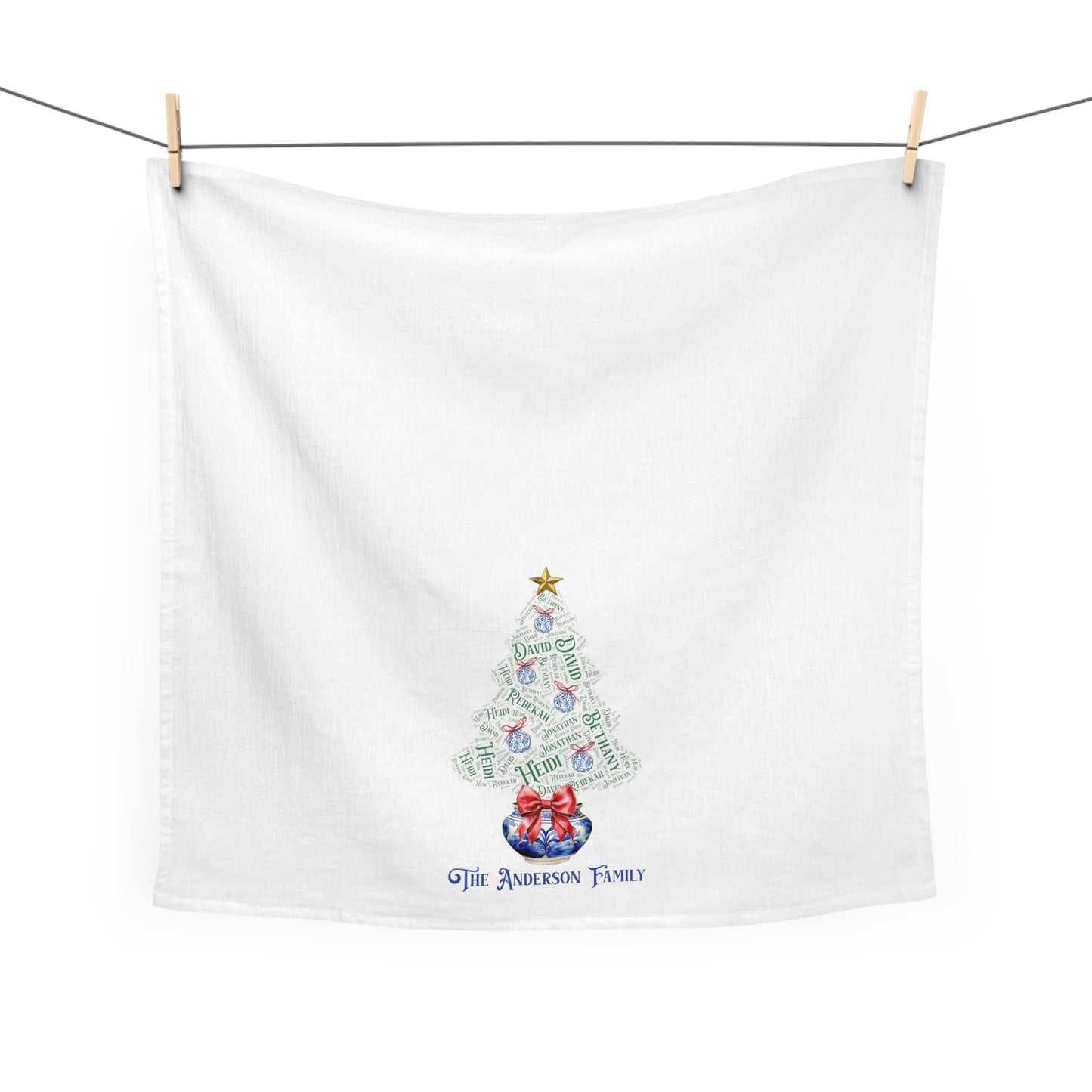Chinoiserie Christmas Tree Tea Towel - Add up to 35 names - Amazing Faith Designs