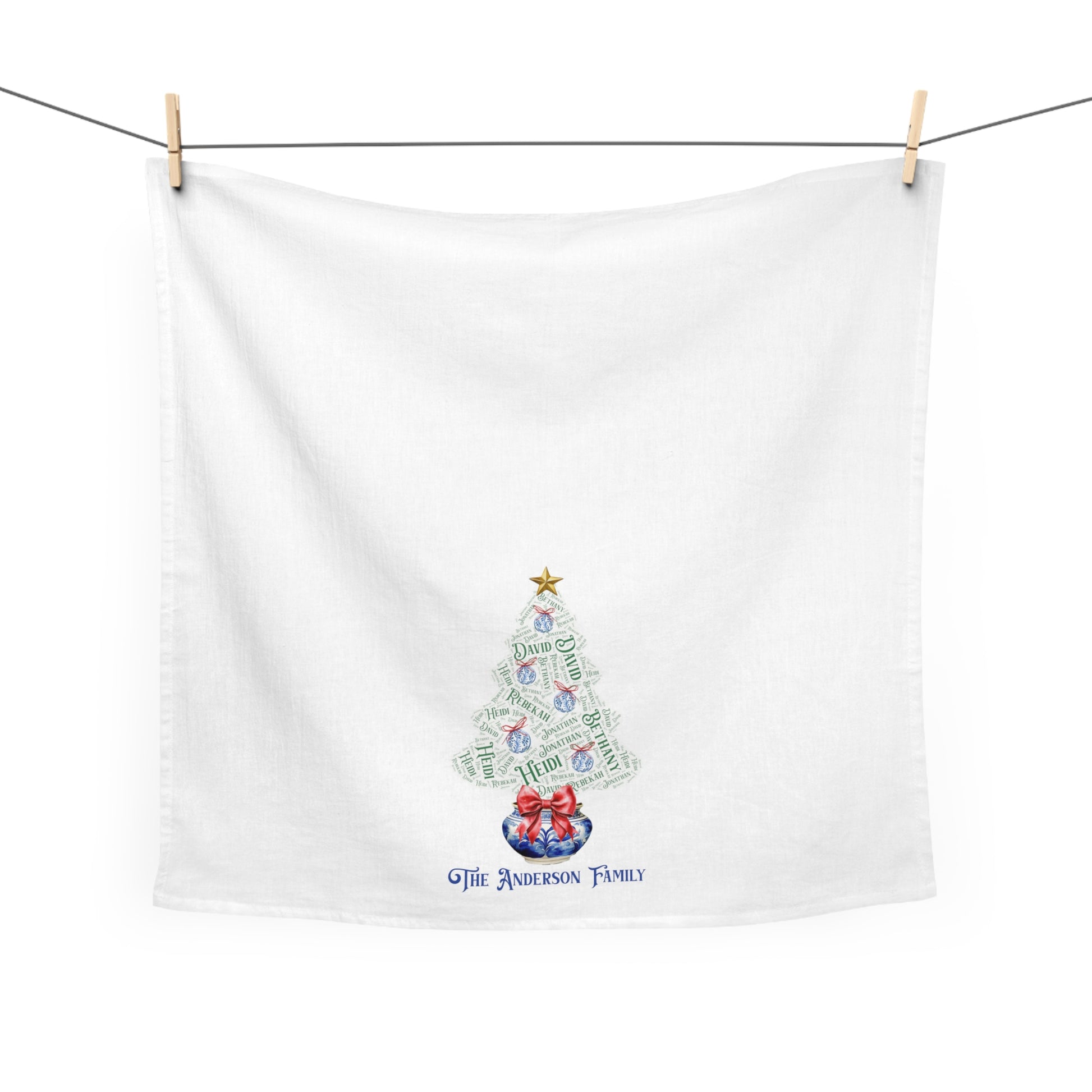 Chinoiserie Christmas Tree Tea Towel - Add up to 35 names - Amazing Faith Designs