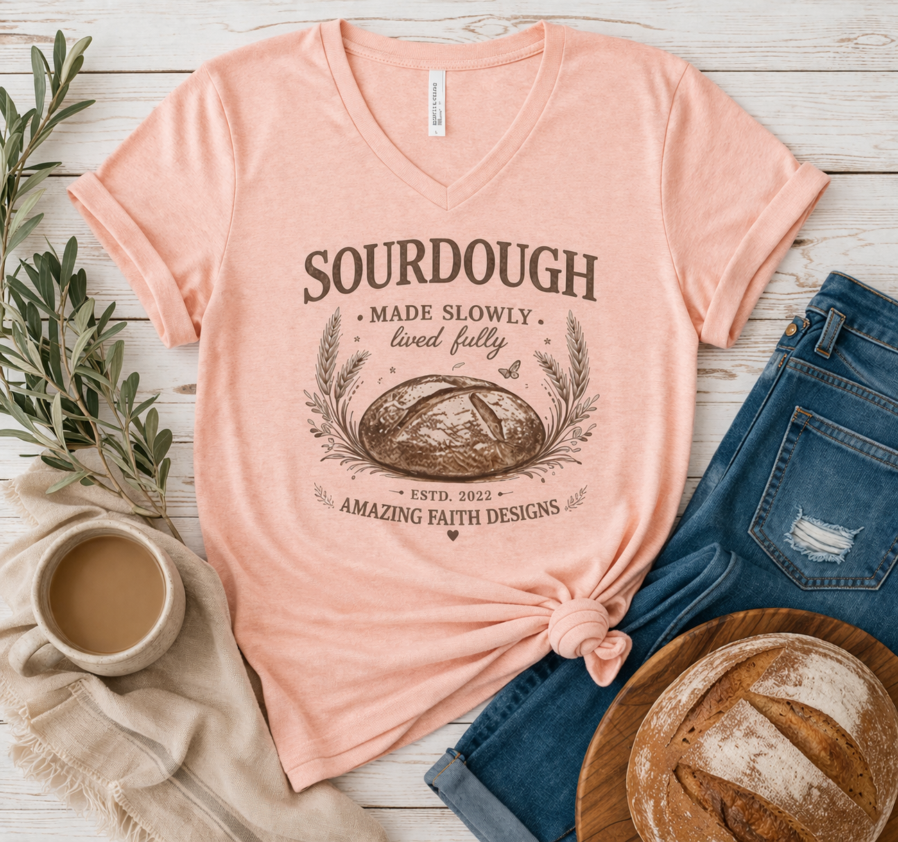Personalized Sourdough Made Slowly Women’s V-Neck Tee - Amazing Faith Designs