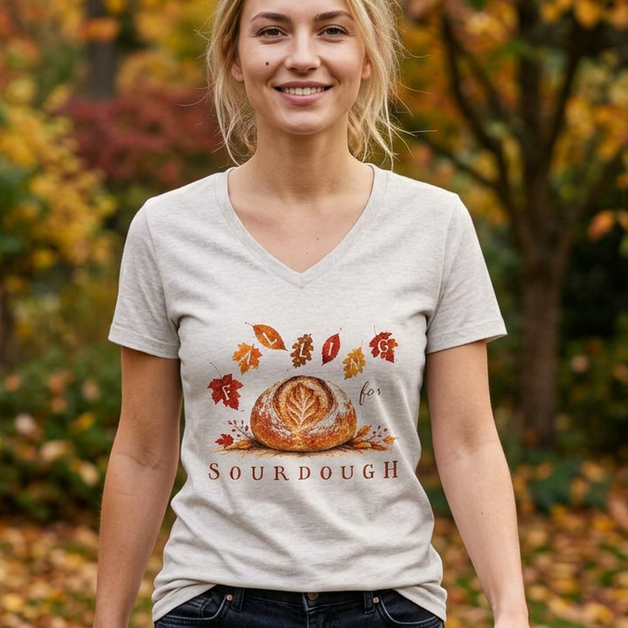 A woman standing outdoors in an autumn park wearing a light gray v-neck t-shirt with a sourdough bread and fall leaves graphic, paired with dark blue jeans.