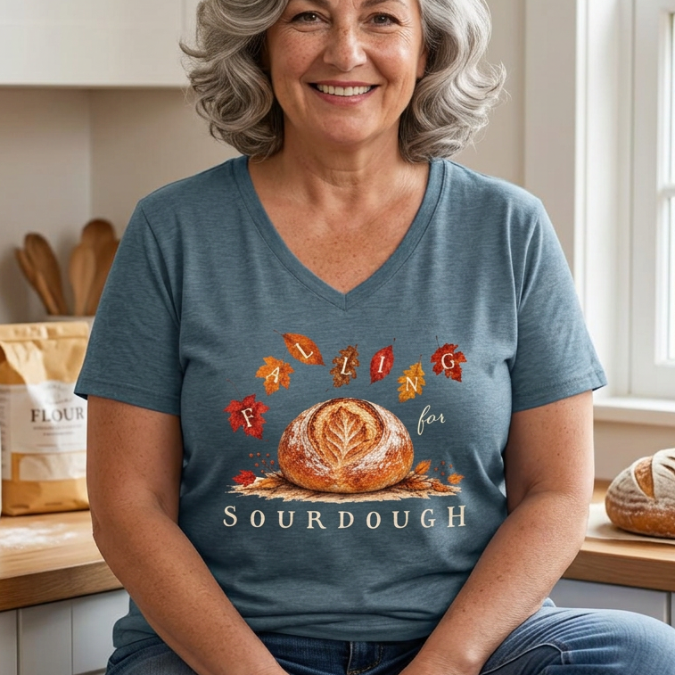 A smiling woman with gray hair sits in a kitchen wearing a slate blue V-neck t-shirt with a graphic of a sourdough bread loaf and the words 'FAMILY sourdough'.
