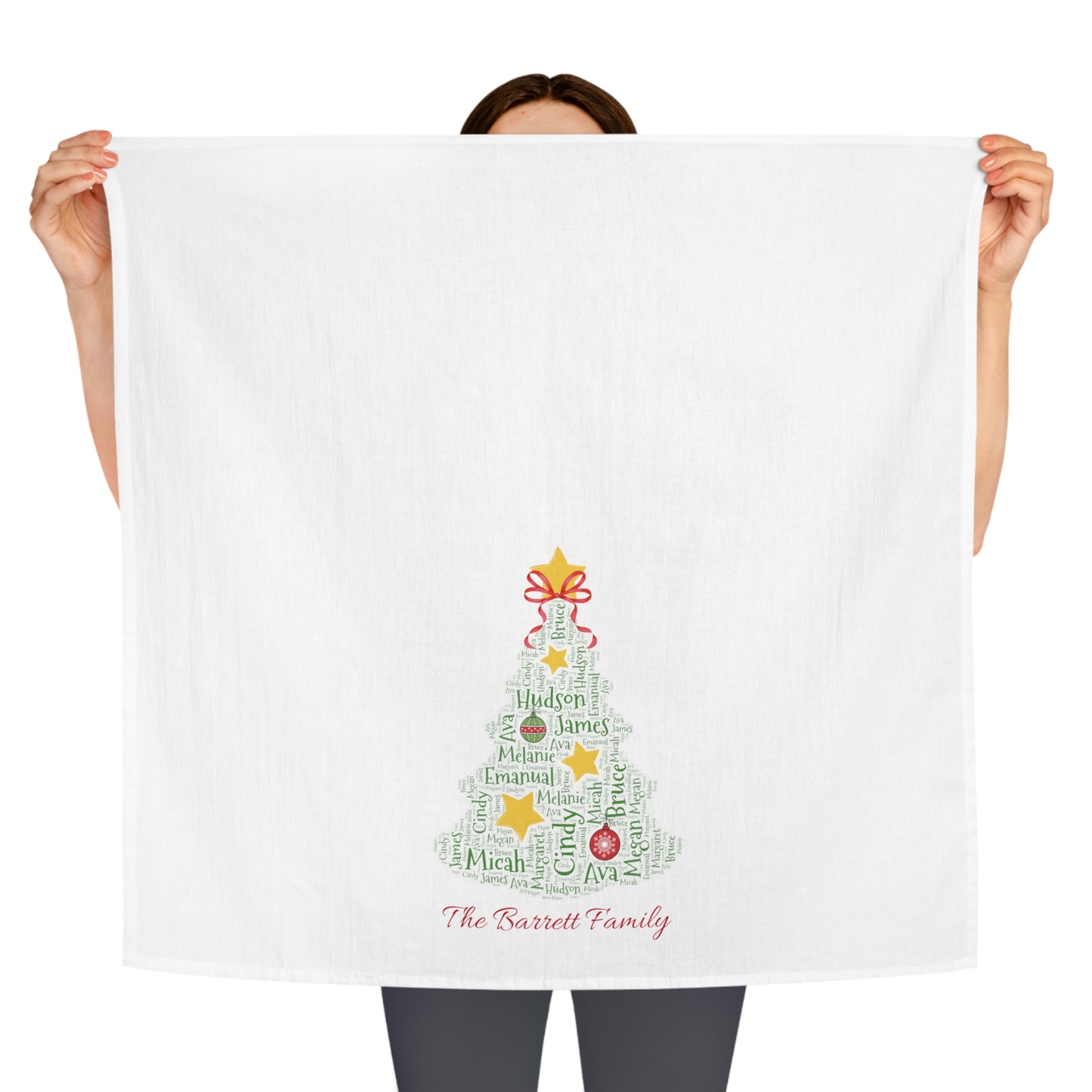 Christmas Tree Kitchen Tea Towel - Add up to 35 names! - Amazing Faith Designs