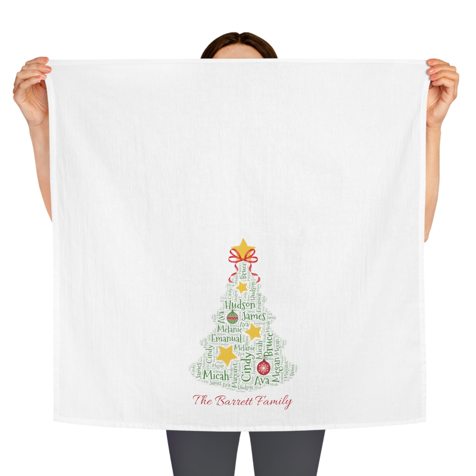 Christmas Tree Kitchen Tea Towel - Add up to 35 names! - Amazing Faith Designs