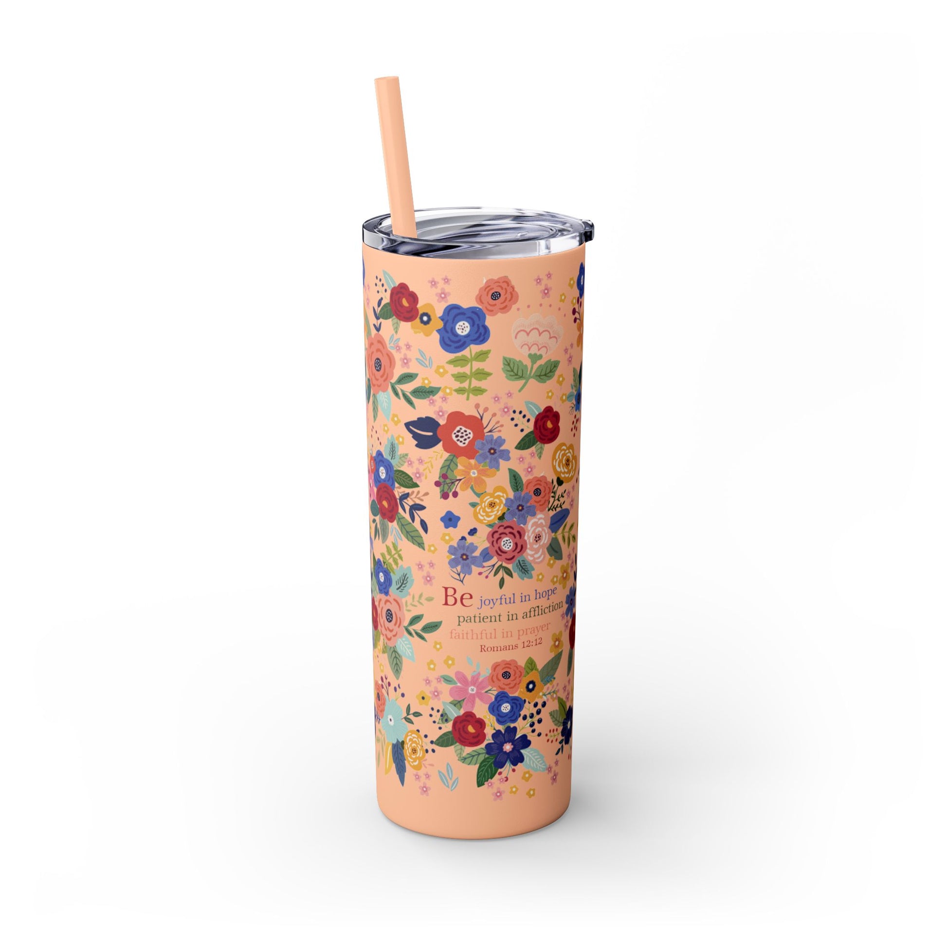 Be Joyful Floral Skinny Tumbler with Straw, 20oz - Amazing Faith Designs