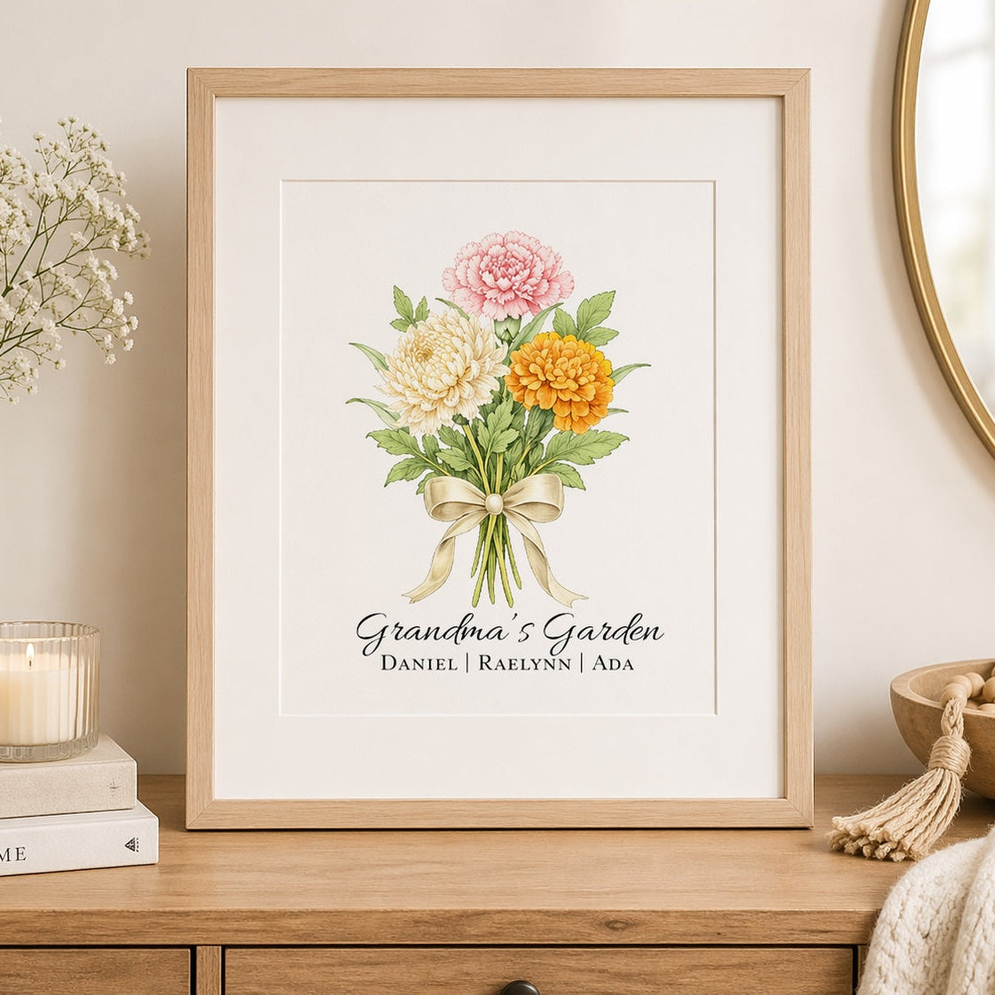 Framed floral print titled 'Grandma's Garden' on a wooden surface with decorative items.