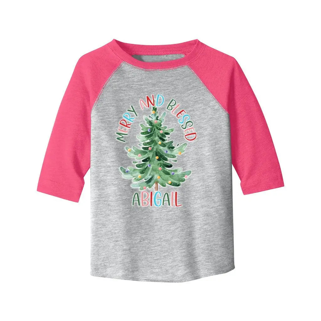 Merry and Blessed Personalized Christmas Toddler Baseball Jersey 3/4 Sleeve Tee Awkward Styles