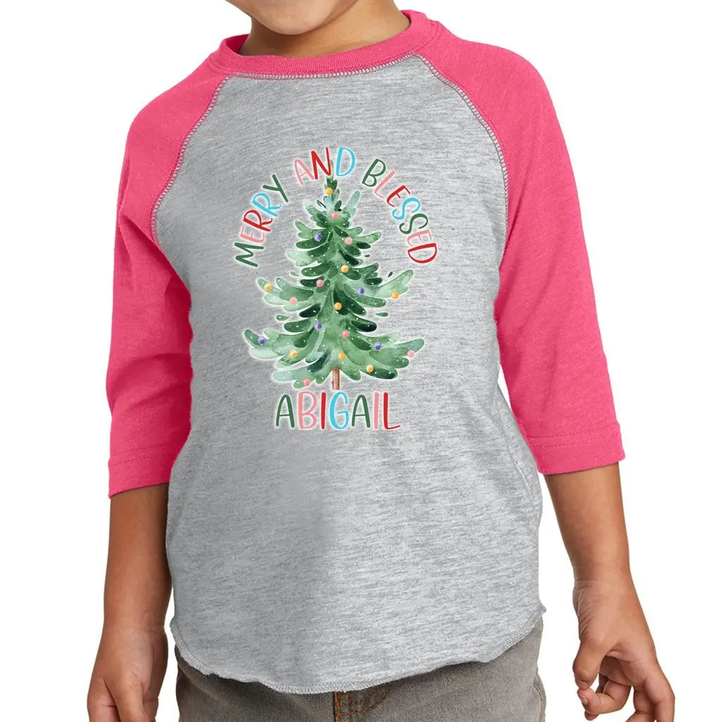 Merry and Blessed Personalized Christmas Toddler Baseball Jersey 3/4 Sleeve Tee Awkward Styles