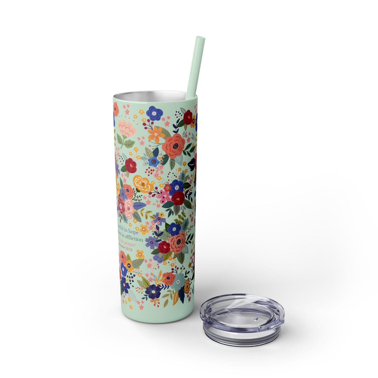 Be Joyful Floral Skinny Tumbler with Straw, 20oz - Amazing Faith Designs