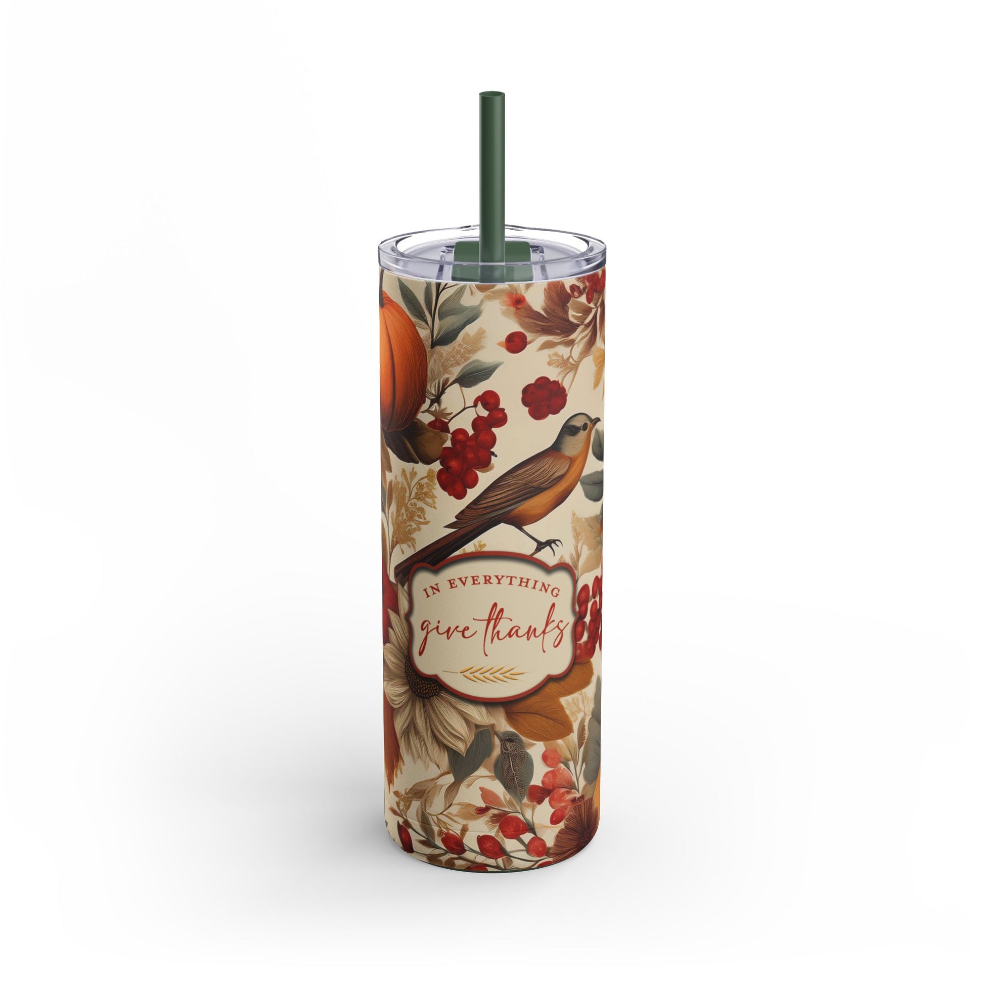 Give Thanks Skinny Tumbler with Straw, 20oz - Amazing Faith Designs