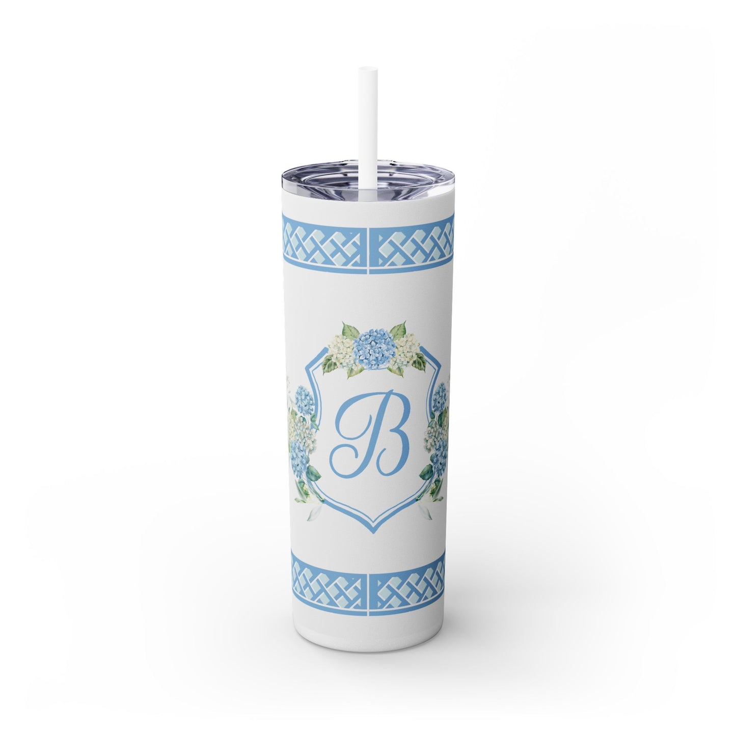 Hydrangea Wedding Crest Monogram Skinny Tumbler with Straw, 20oz - Amazing Faith Designs