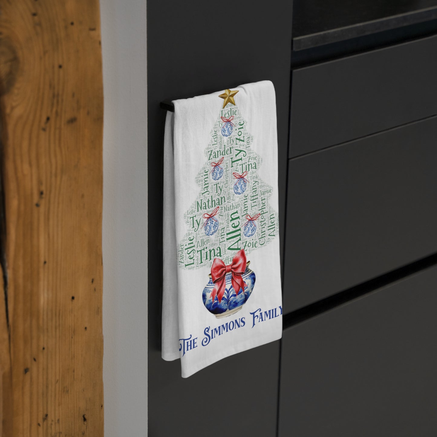 Chinoiserie Christmas Tree Tea Towel - Add up to 35 names - Amazing Faith Designs