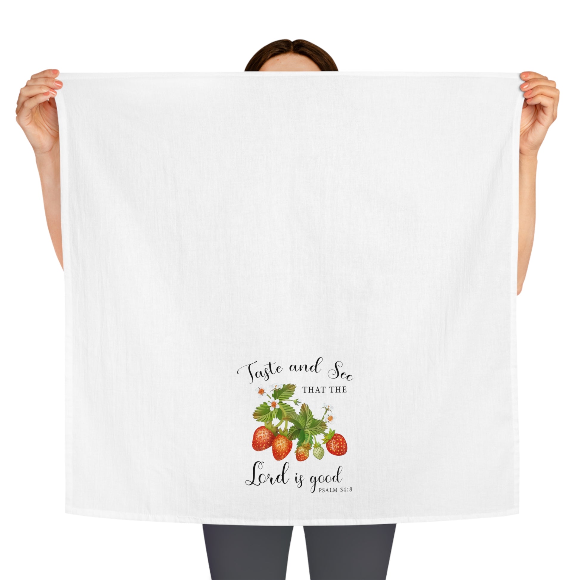 Taste and See Strawberries Scripture Tea Towel - Amazing Faith Designs