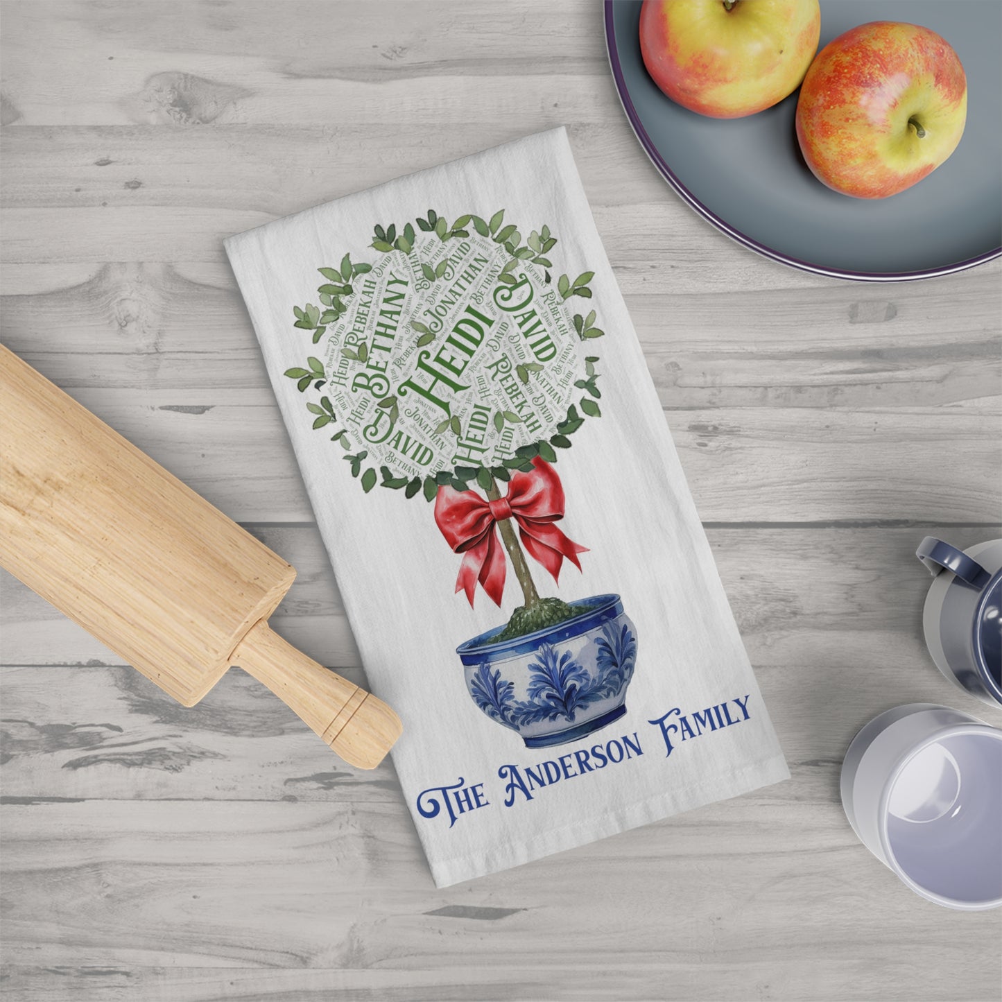 Chinoiserie Topiary Tea Towel - Add up to 35 names - Amazing Faith Designs
