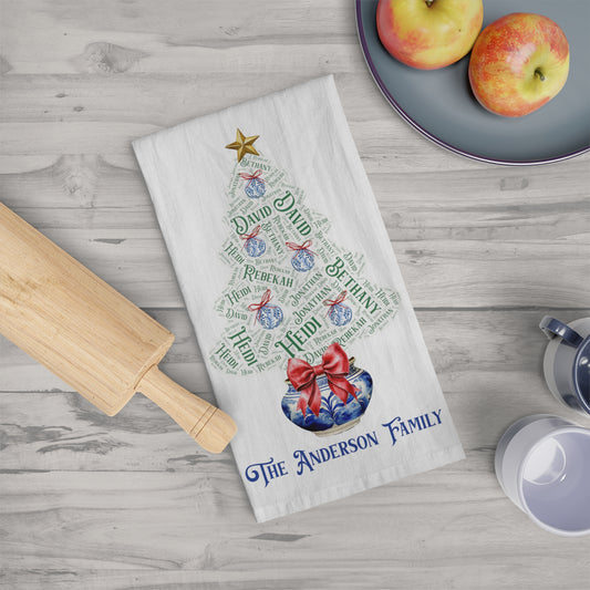 Chinoiserie Christmas Tree Tea Towel - Add up to 35 names - Amazing Faith Designs