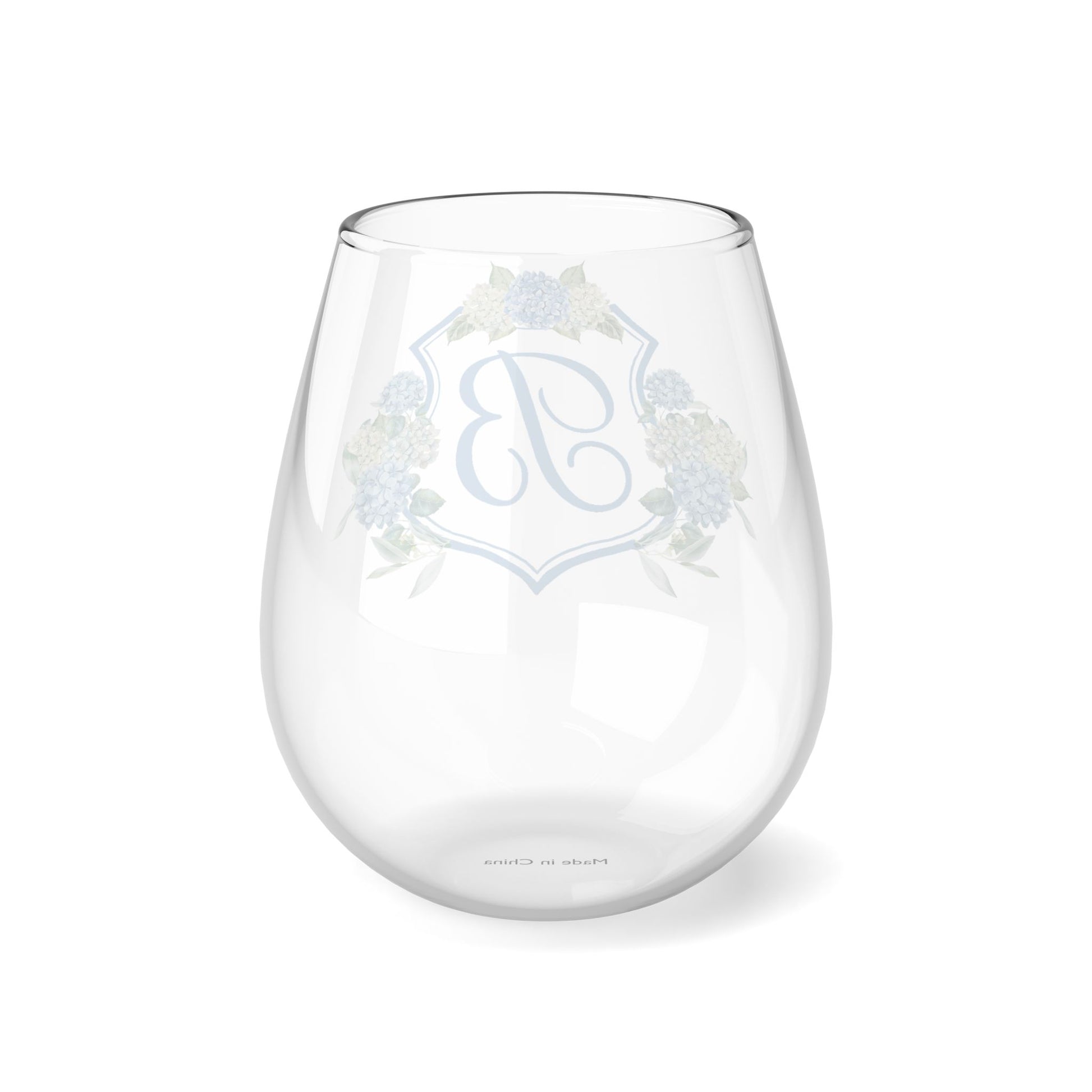 Hydrangea Wedding Crest Monogram Stemless Wine Glass, 11.75oz - Amazing Faith Designs