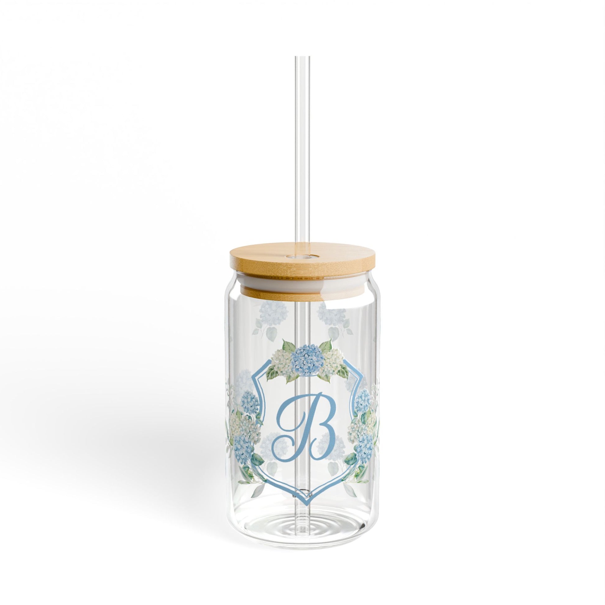 Hydrangea Wedding Crest Monogram Iced Coffee Glass - Amazing Faith Designs