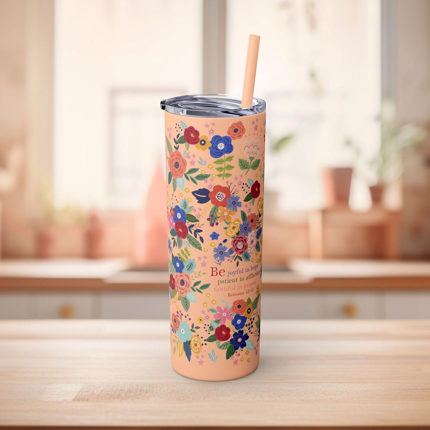 Be Joyful Floral Skinny Tumbler with Straw, 20oz - Amazing Faith Designs