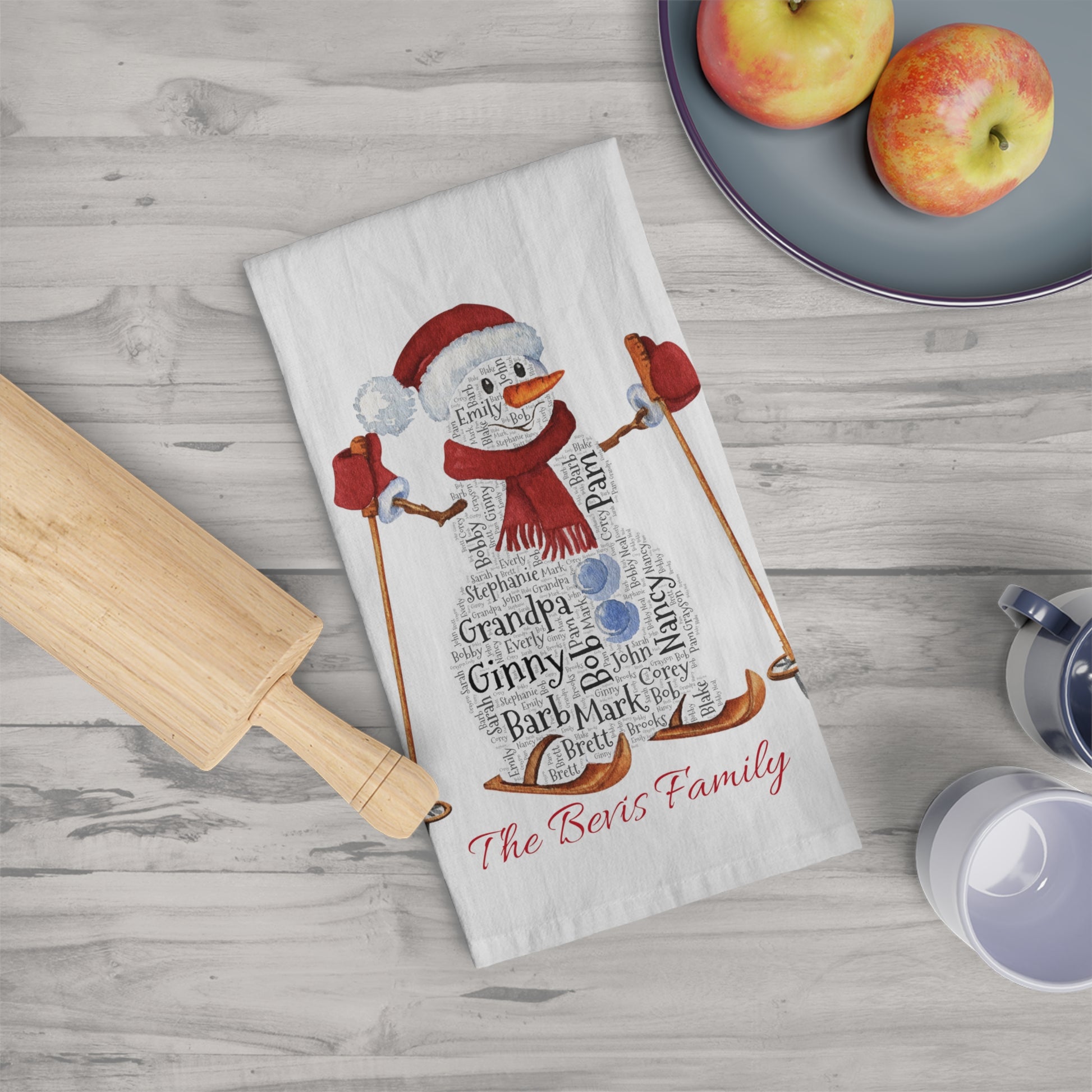 Snowman Names Kitchen Tea Towel - Add up to 35 names! - Amazing Faith Designs