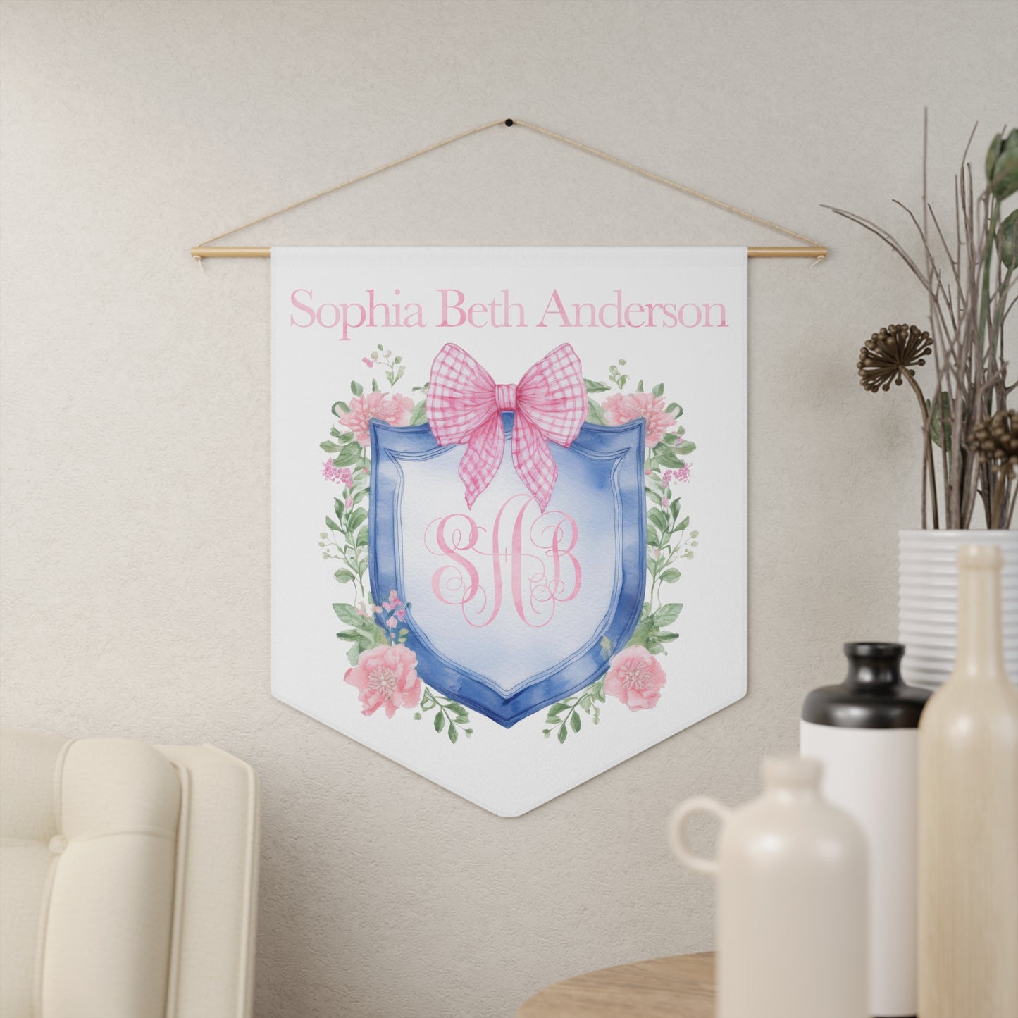 Custom Baby Banner | Blue Crest with Pink Gingham Nursery Pennant - Amazing Faith Designs